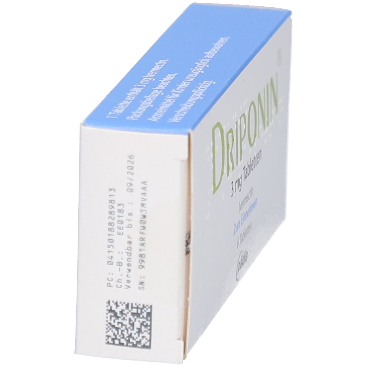 Tablettenbox, Seitenansicht. Aufschrift: DRIPONIN 3 mg Tabletten. Text und Barcode. Blaue Oberseite. Logo: pädia.