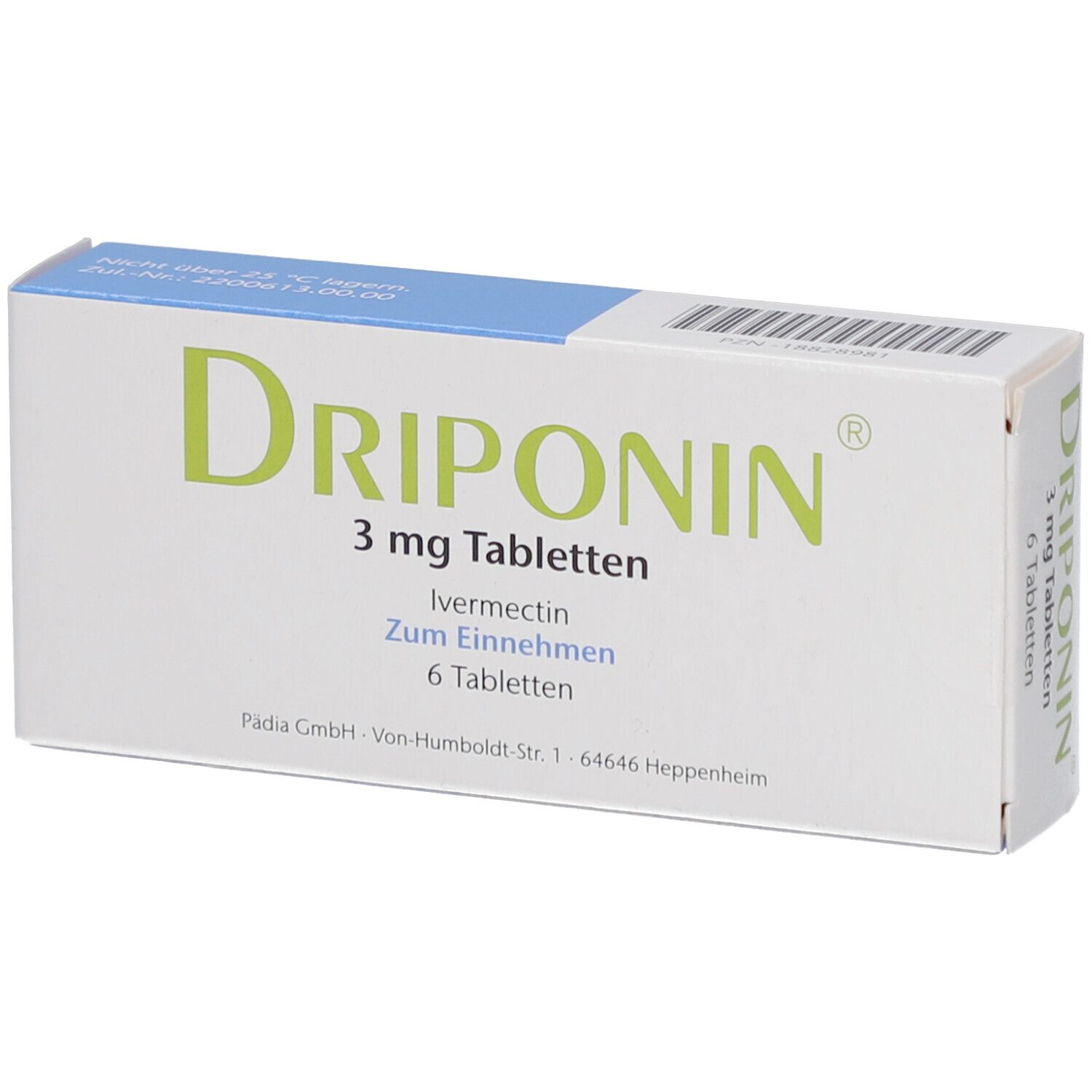 Weiße Tablettenbox mit blauer Oberseite. Aufschrift: DRIPONIN 3 mg Tabletten, Ivermectin, 6 Tabletten. Logo: pädia.