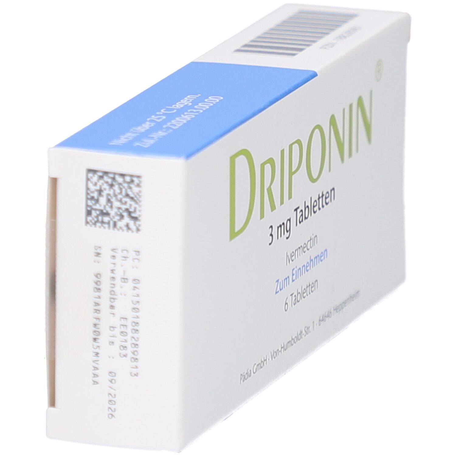 Tablettenbox, schräge Seitenansicht. Aufschrift: DRIPONIN 3 mg Tabletten. Text und Barcode. Blaue Oberseite. Logo: pädia.