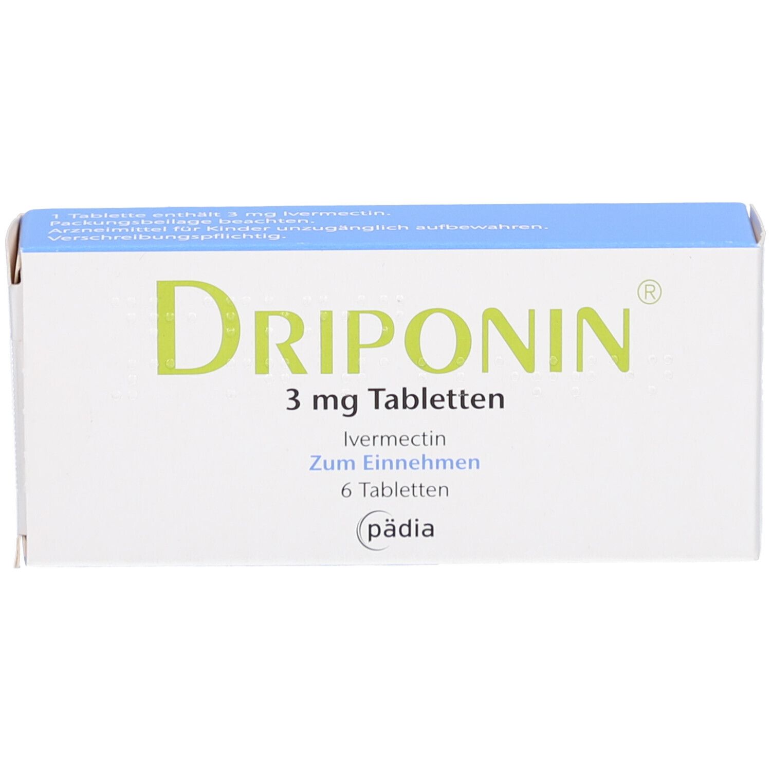 Weiße Tablettenbox mit blauer Oberseite. Aufschrift: DRIPONIN 3 mg Tabletten, Ivermectin, 6 Tabletten. Logo: pädia.