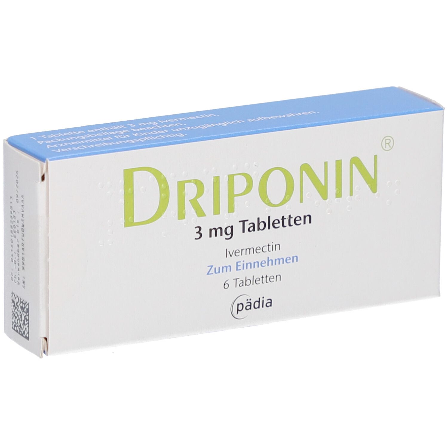 Weiße Tablettenbox mit blauer Oberseite. Aufschrift: DRIPONIN 3 mg Tabletten, Ivermectin, 6 Tabletten. Logo: pädia.