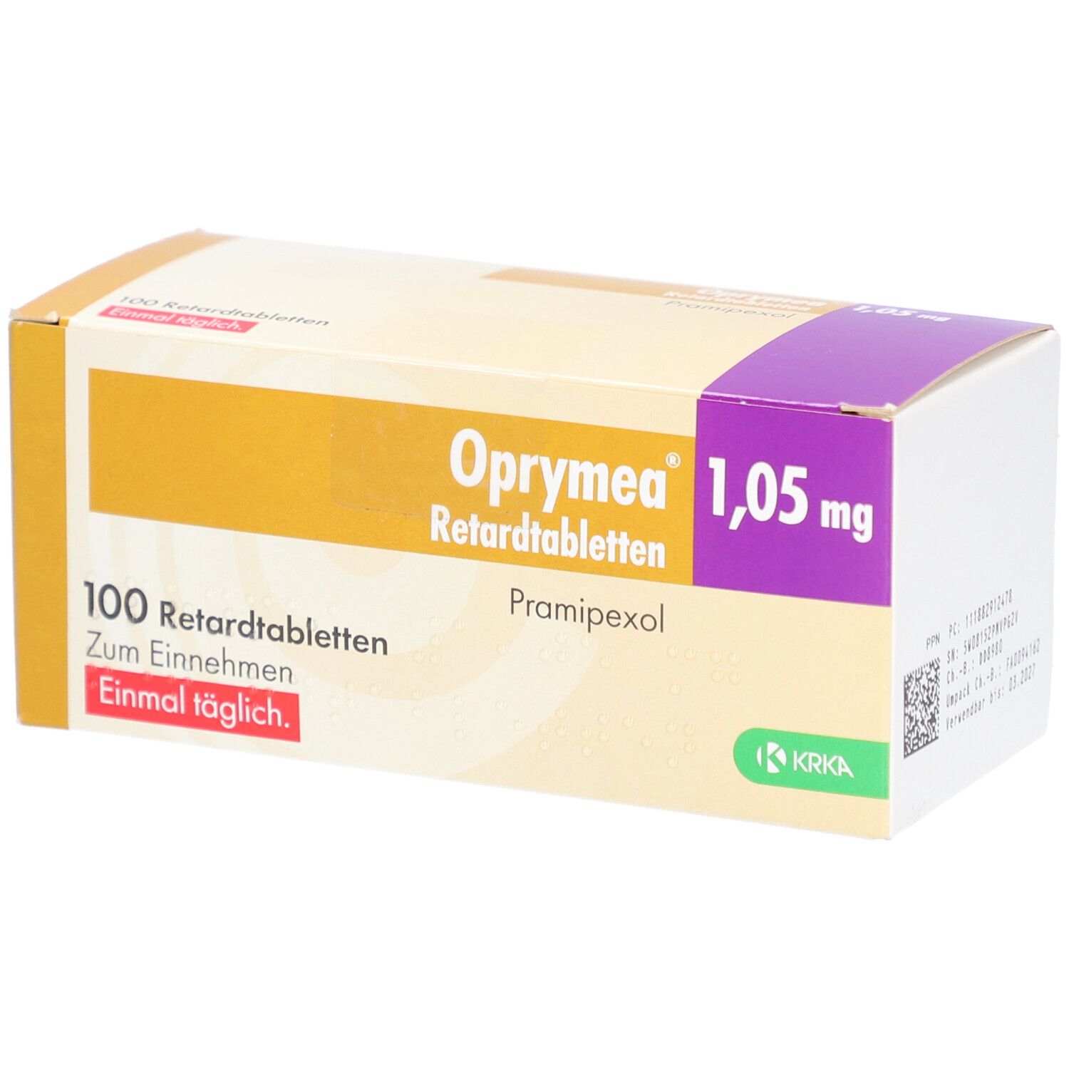 Schachtel mit OPRYMEA 1,05 mg Retardtabletten. Gelb, weiß und lila. 100 Tabletten. KRKA Logo.