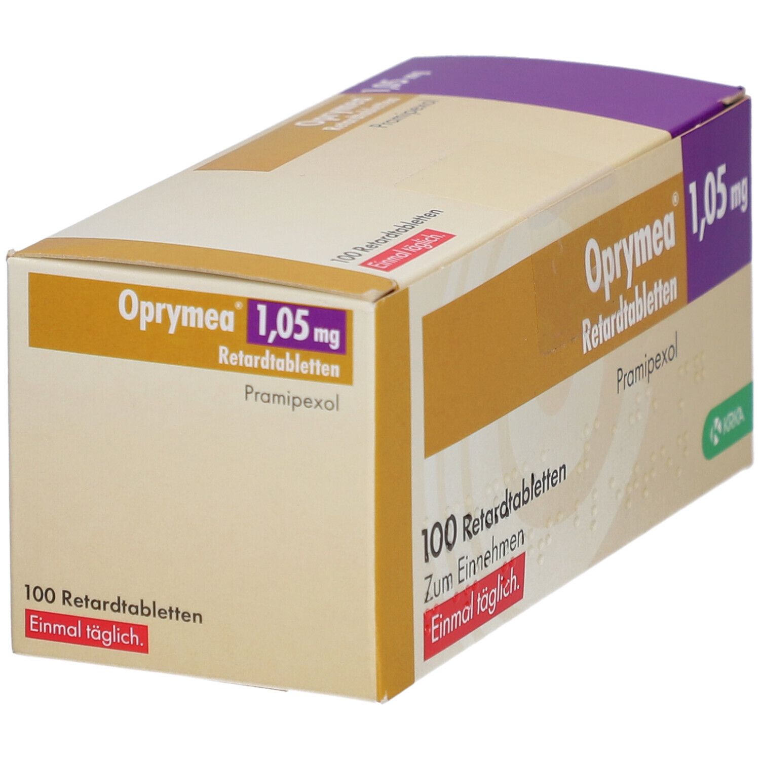 Schachtel OPRYMEA 1,05 mg Retardtabletten. Weiß, gelb und lila. 100 Tabletten. Text: Zum Einnehmen. KRKA Logo.