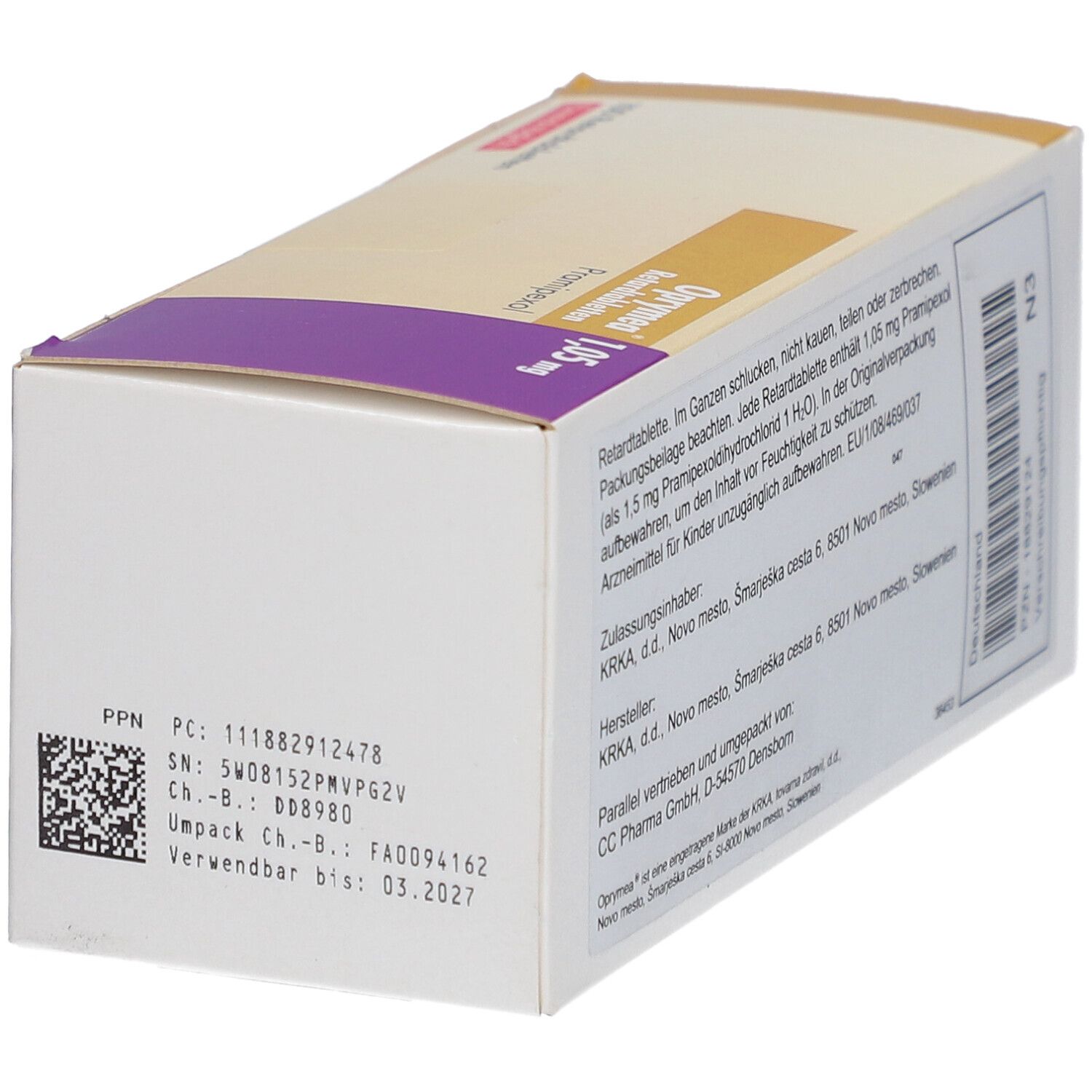 Unterseite der OPRYMEA-Schachtel. Text: PZN, Chargennummer, Verwendbar bis: 03.2027. Barcode.