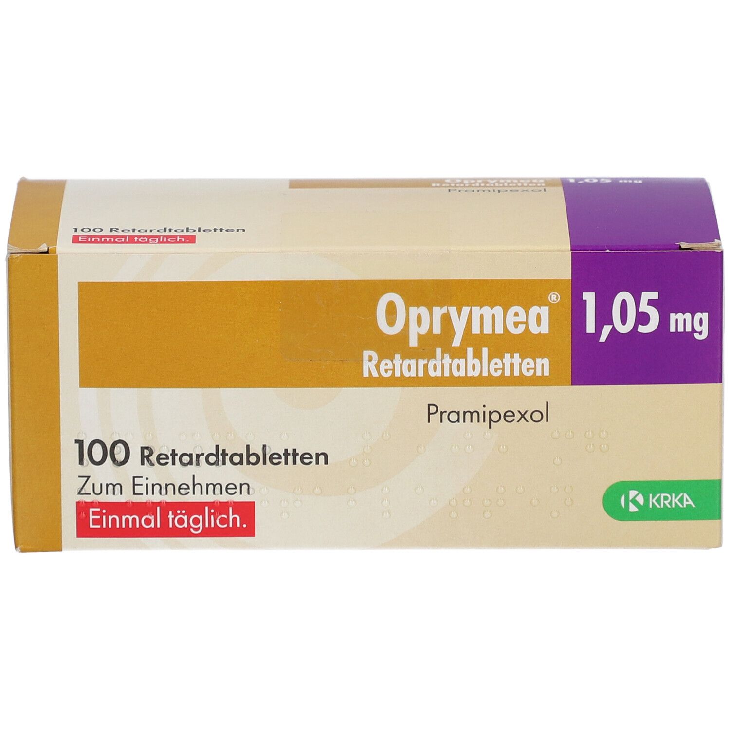 Schachtel OPRYMEA 1,05 mg Retardtabletten. Gelb, weiß und lila. 100 Tabletten. Text: Zum Einnehmen. KRKA Logo.