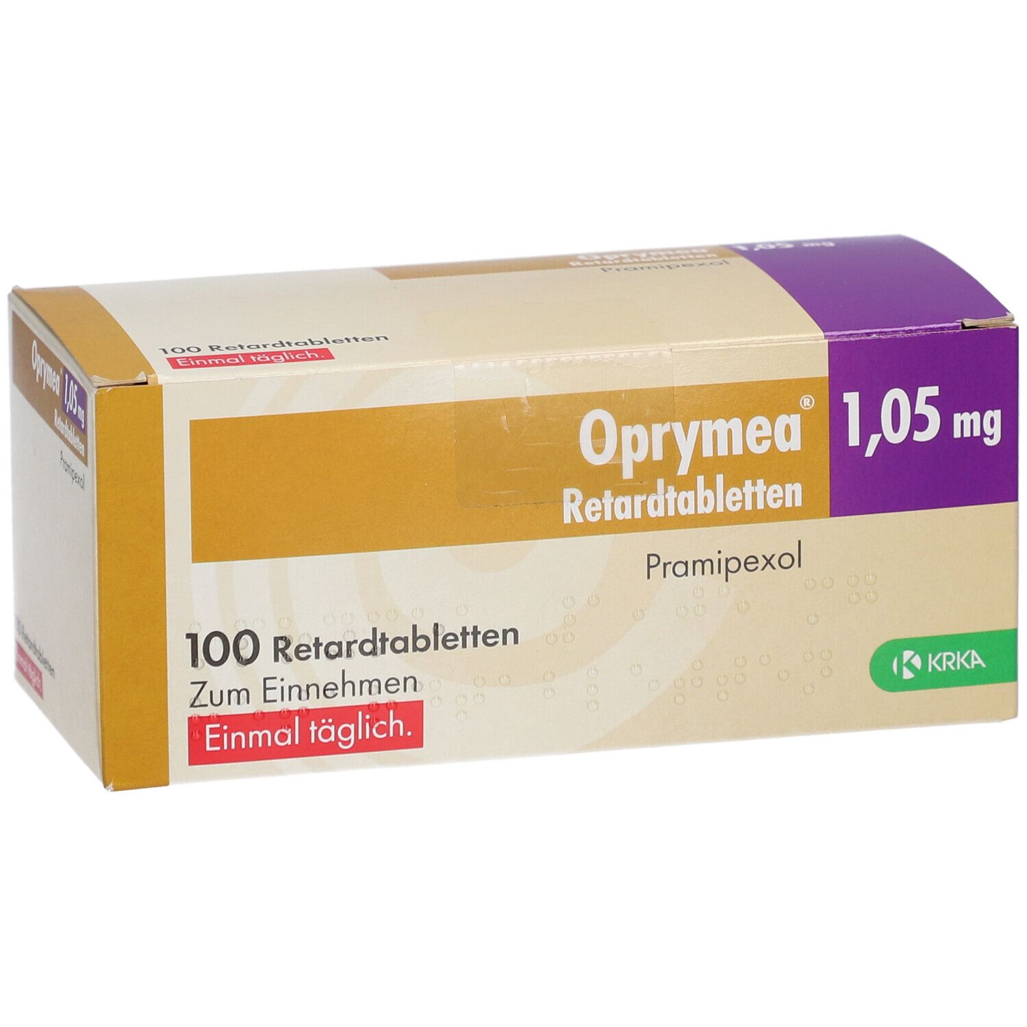 Schachtel OPRYMEA 1,05 mg Retardtabletten. Gelb, weiß und lila. 100 Tabletten. Text: Zum Einnehmen. KRKA Logo.