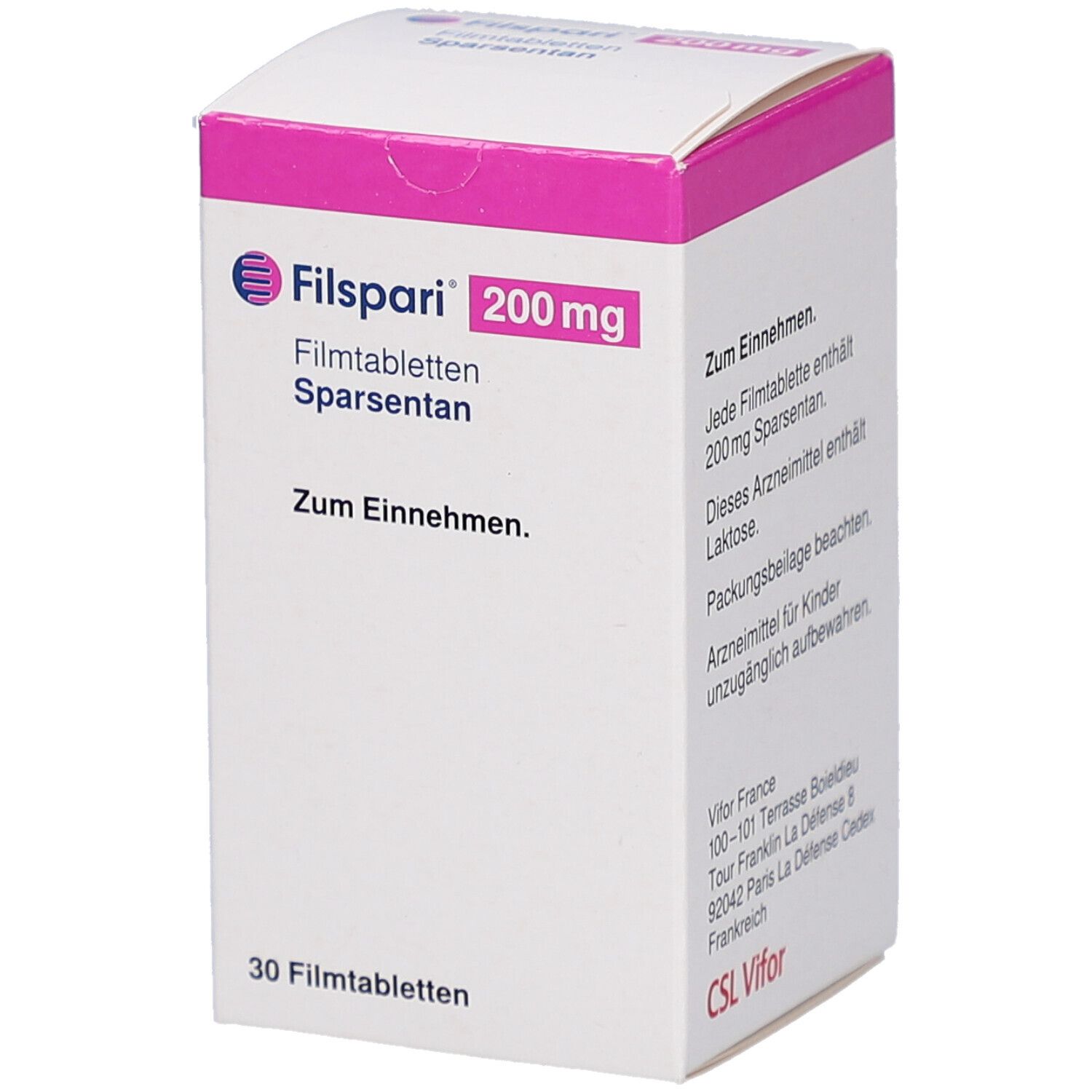 Weißer Karton mit rosa Deckel. Aufschrift: Filspari 200 mg Filmtabletten, Sparsentan. Enthält 30 Tabletten. Text: Zum Einnehmen.