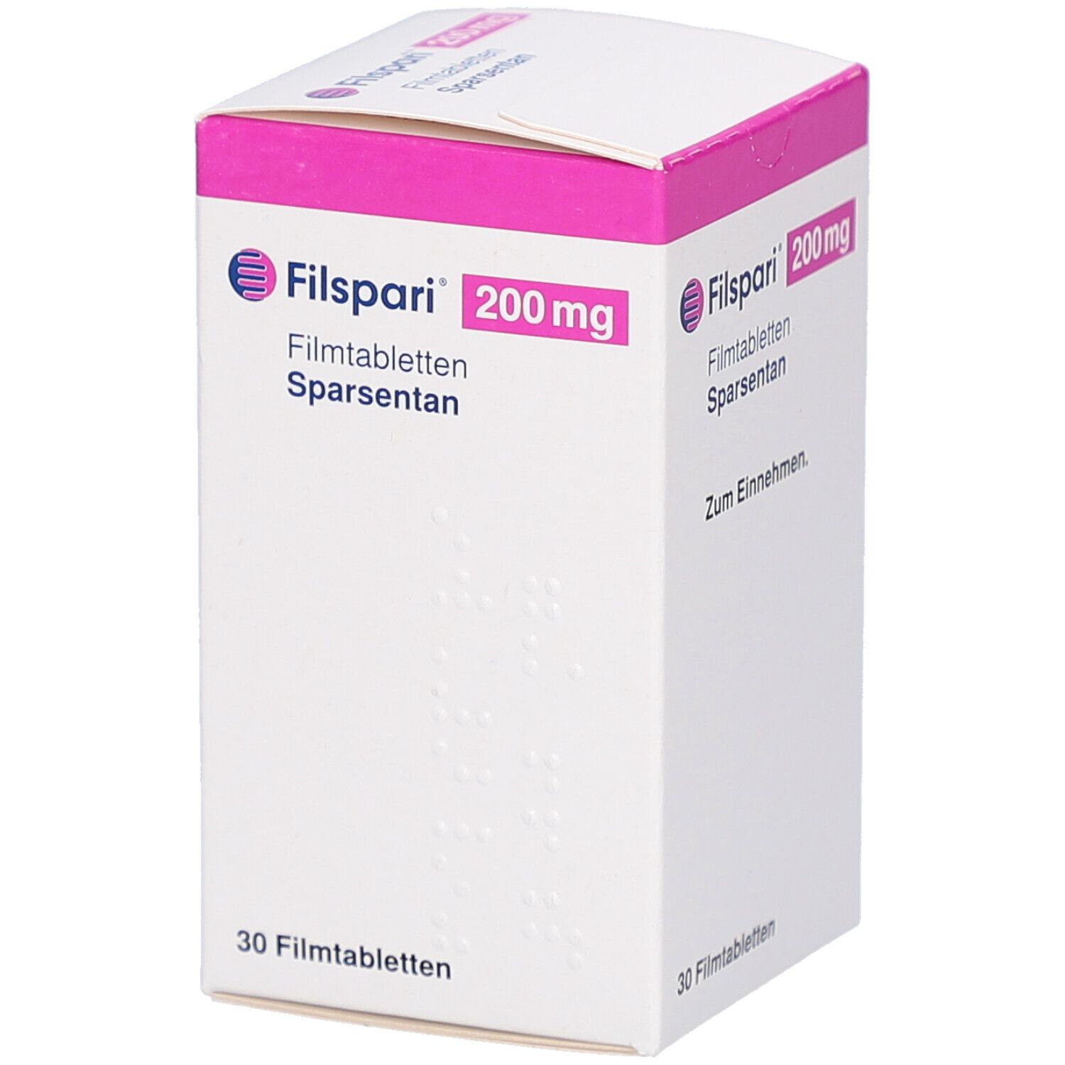 Weißer Karton mit rosa Deckel. Aufschrift: Filspari 200 mg Filmtabletten, Sparsentan. Enthält 30 Tabletten. Text: Zum Einnehmen.