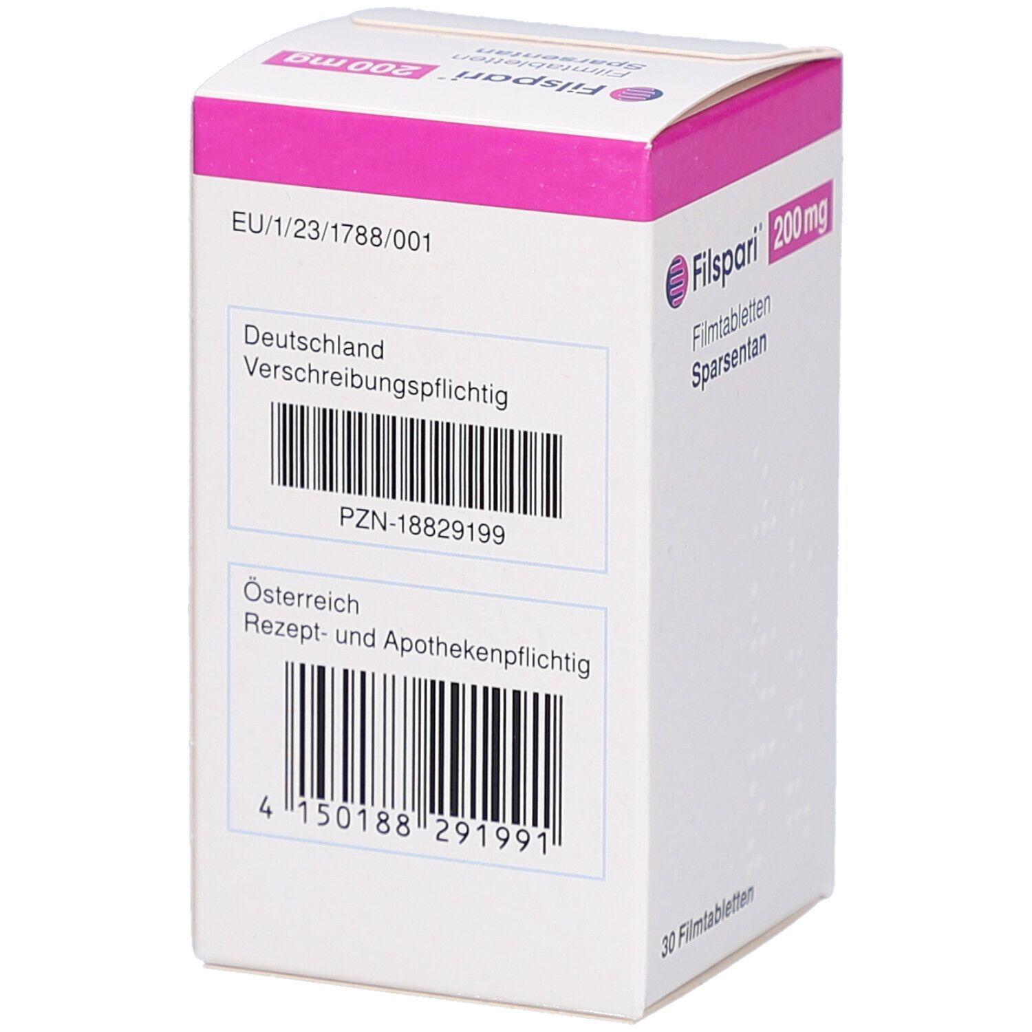 Weißer Karton mit rosa Deckel. Rückseite mit Barcodes und Texten in Deutsch und Österreich. Aufschrift: Filspari 200 mg Filmtabletten, Sparsentan.