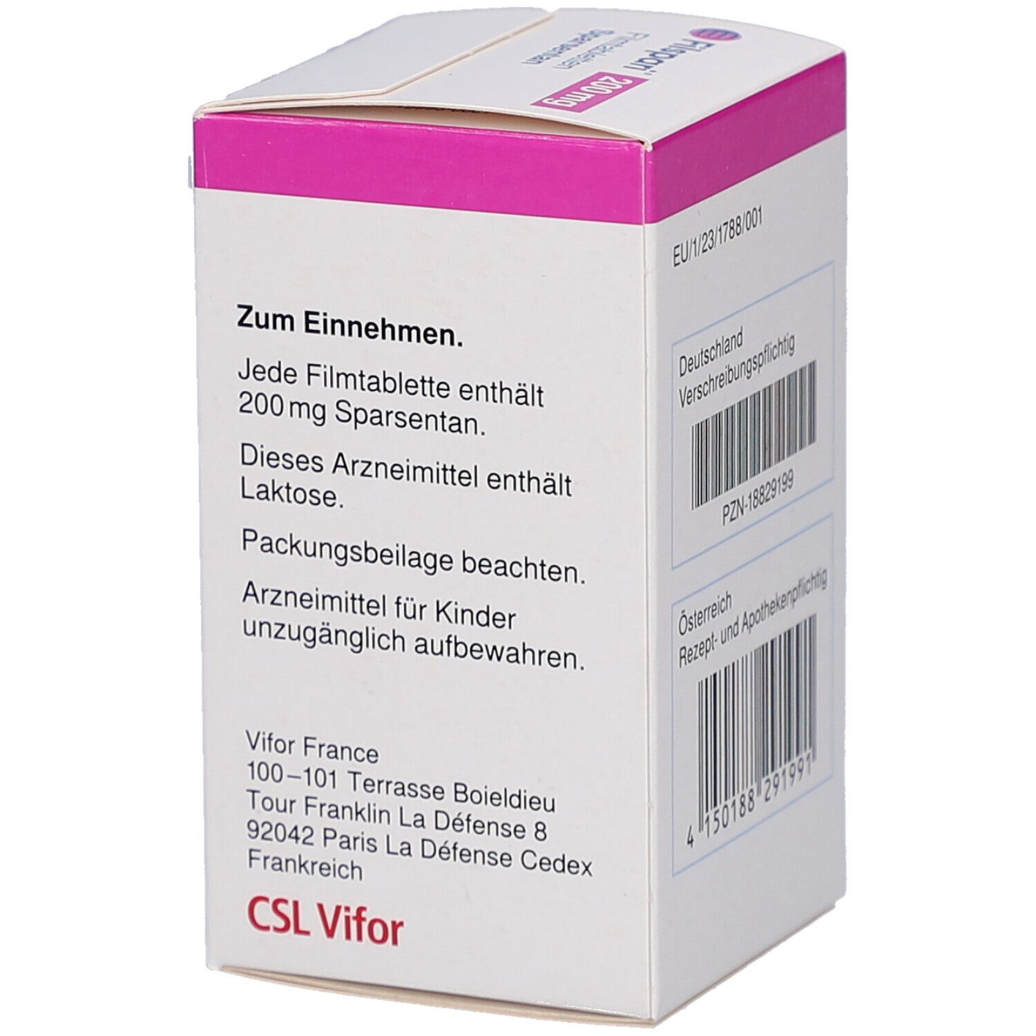Weißer Karton mit rosa Deckel. Rückseite mit Texten in Deutsch. Aufschrift: Filspari 200 mg Filmtabletten, Sparsentan. Enthält 30 Tabletten.