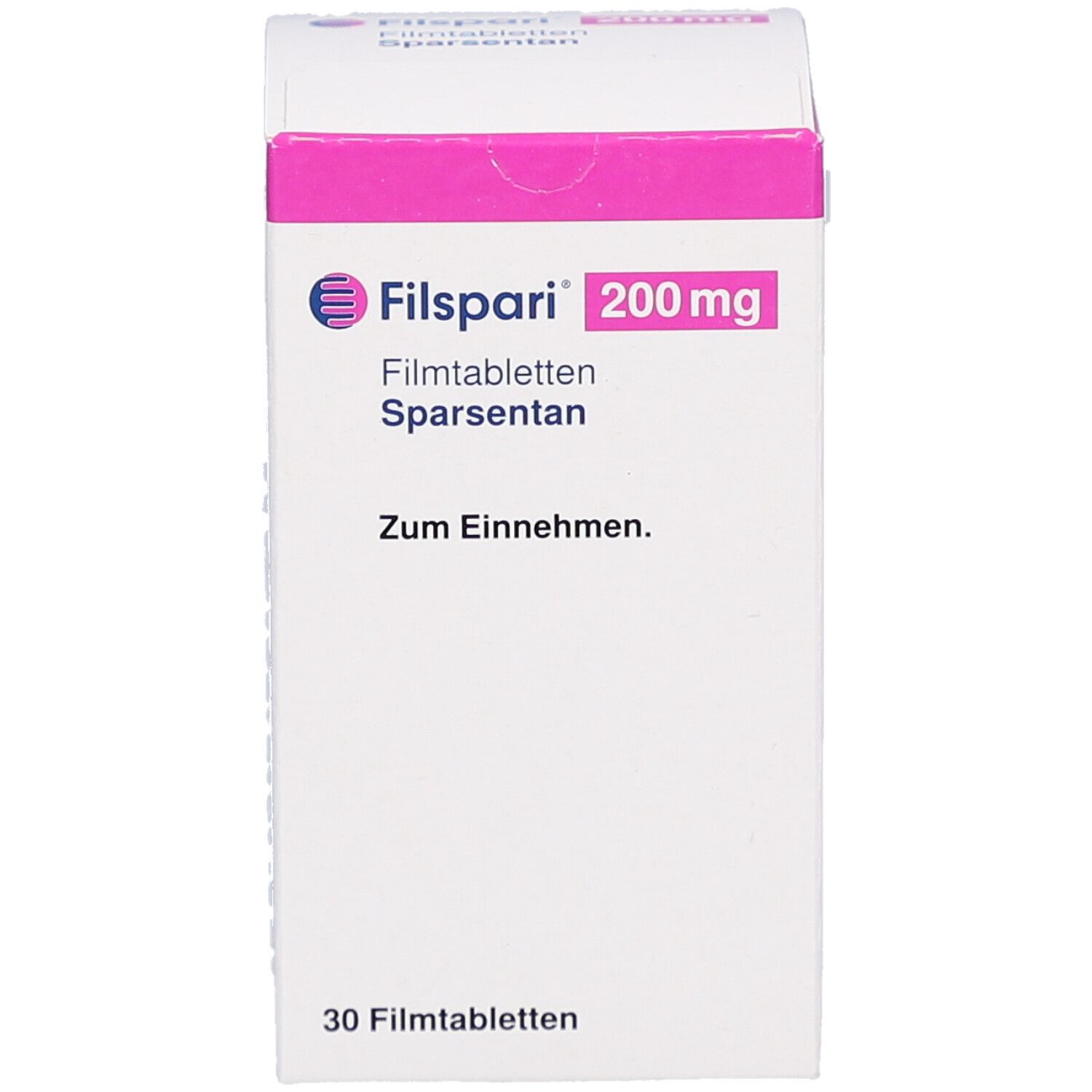 Weißer Karton mit rosa Deckel. Aufschrift: Filspari 200 mg Filmtabletten, Sparsentan. Enthält 30 Tabletten. Text: Zum Einnehmen.