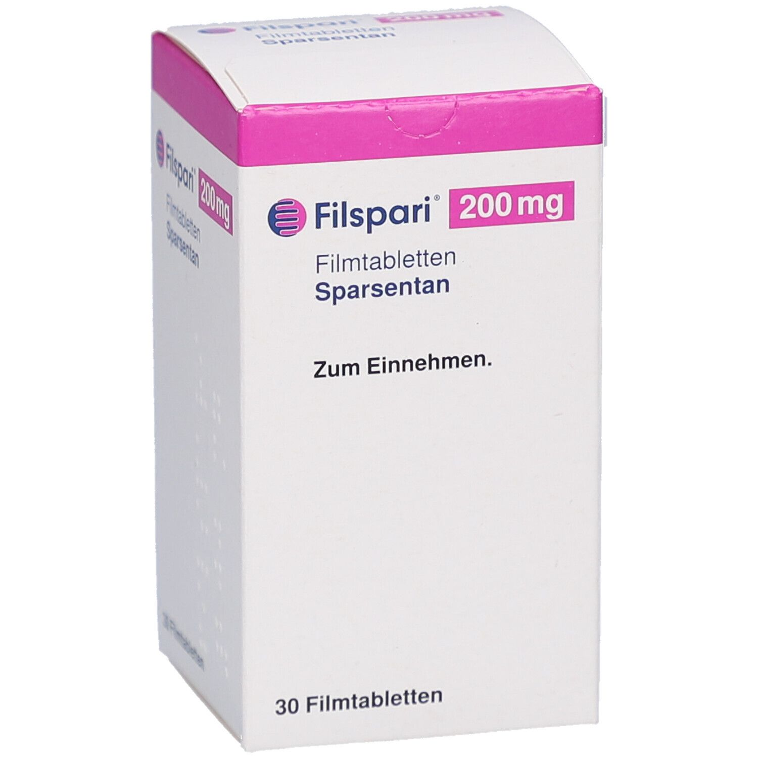 Weißer Karton mit rosa Deckel. Aufschrift: Filspari 200 mg Filmtabletten, Sparsentan. Enthält 30 Tabletten. Text: Zum Einnehmen.
