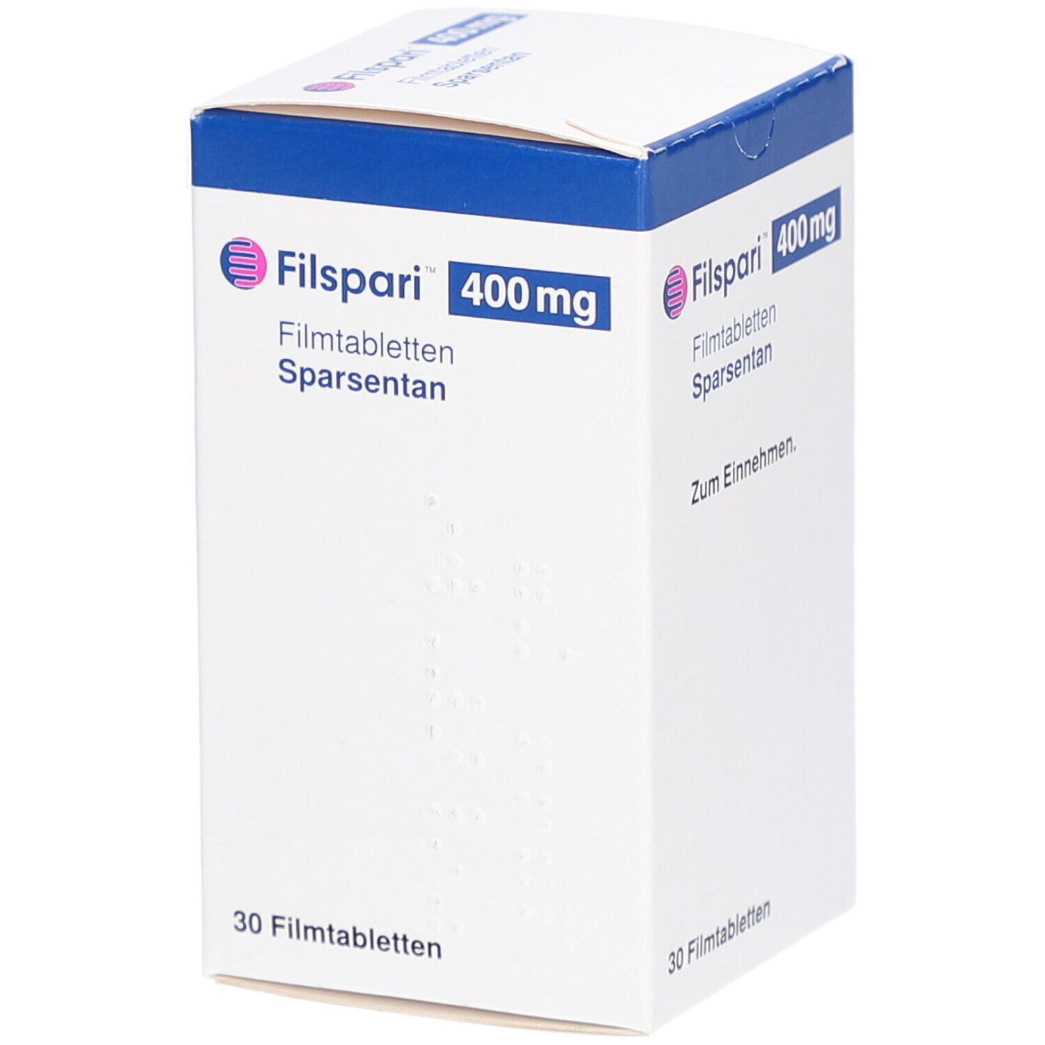 FILSPARI 400 mg Filmtabletten-Packung. Weiße Schachtel mit blauem Deckel. Schriftzug und Logo FILSPARI. 30 Filmtabletten.