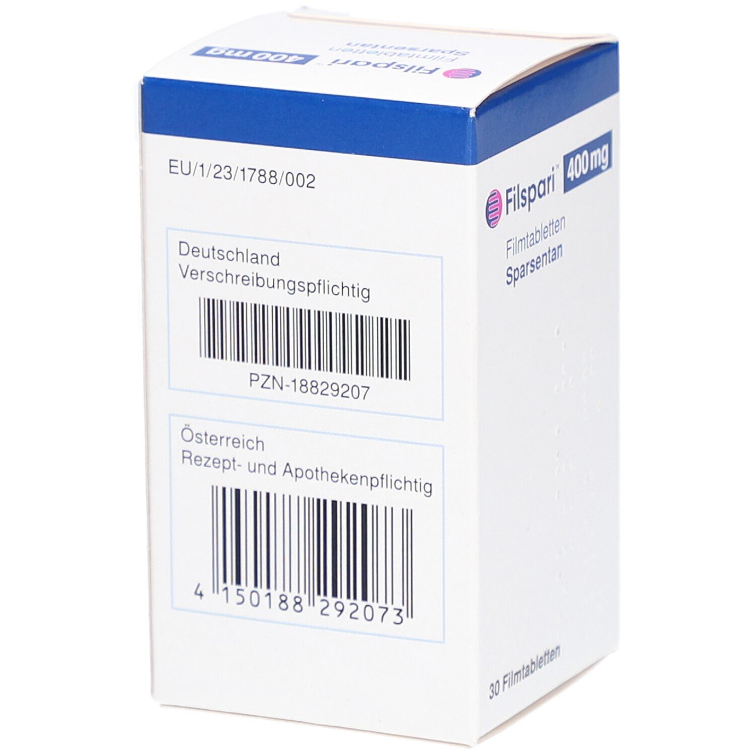 Rückseite der FILSPARI 400 mg Filmtabletten-Packung. Barcodes, Text und Logos. Enthält Informationen zu Deutschland und Österreich.