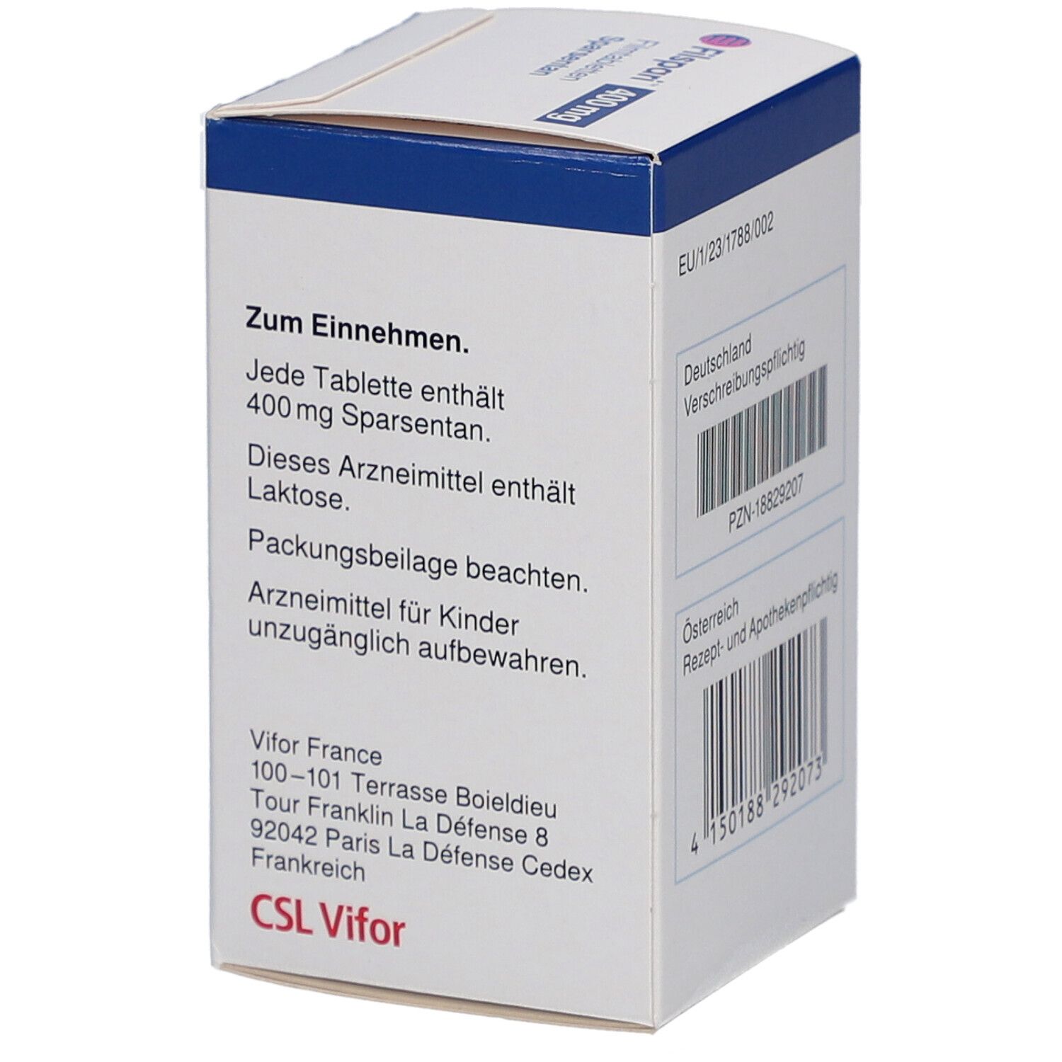Rückseite der FILSPARI 400 mg Filmtabletten-Packung. Textinformationen, Inhaltsstoffe, Adresse des Herstellers CSL Vifor.