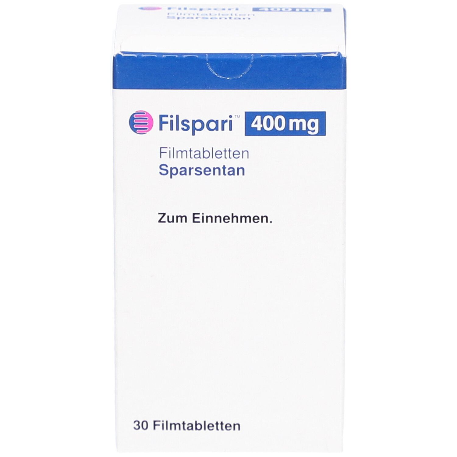 FILSPARI 400 mg Filmtabletten-Packung. Weiße Schachtel mit blauem Deckel. Schriftzug und Logo FILSPARI. 30 Filmtabletten.