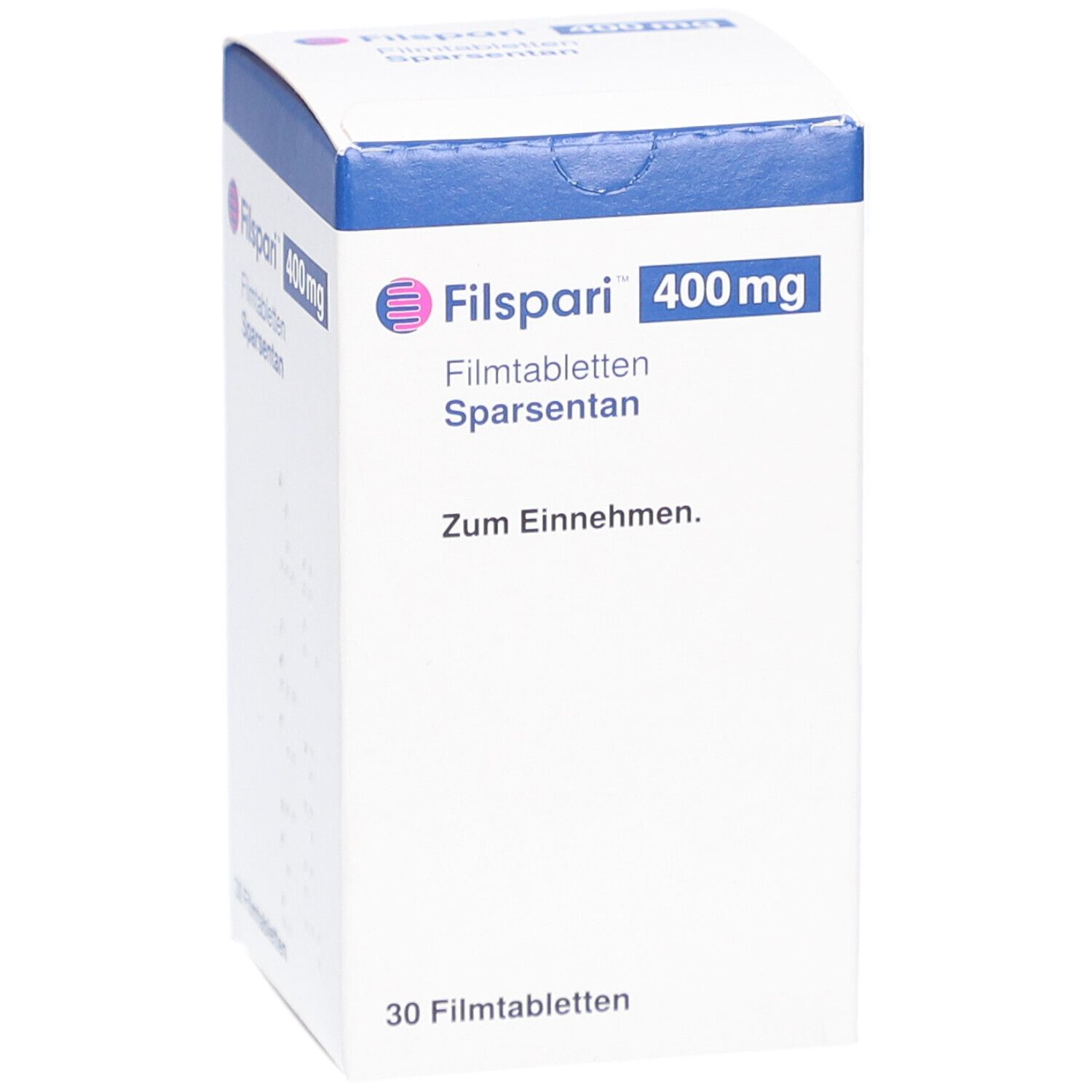 FILSPARI 400 mg Filmtabletten-Packung. Weiße Schachtel mit blauem Deckel. Schriftzug und Logo FILSPARI. 30 Filmtabletten.