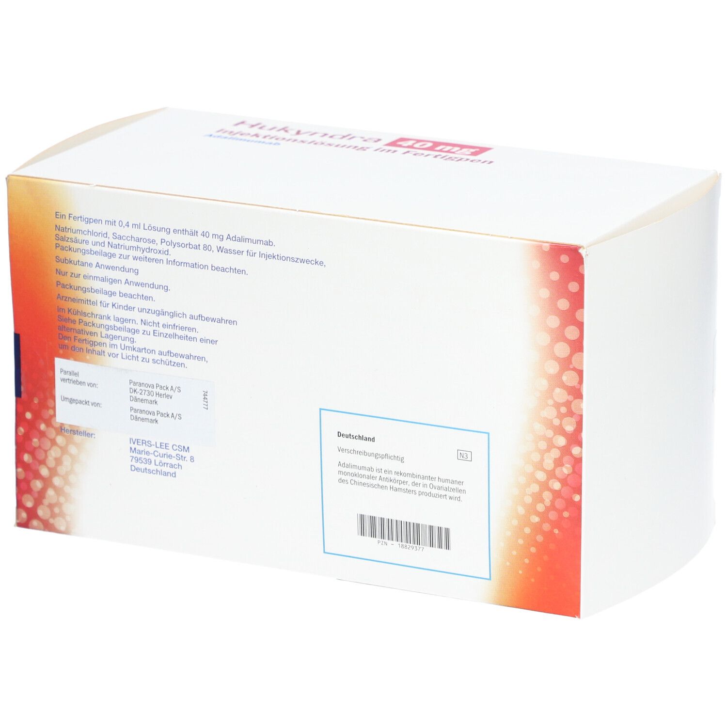 Rückseite des weißen Kartons. Textinformationen und Barcode. Aufschrift: Hukyndra 40 mg Injektionslösung im Fertigpen.