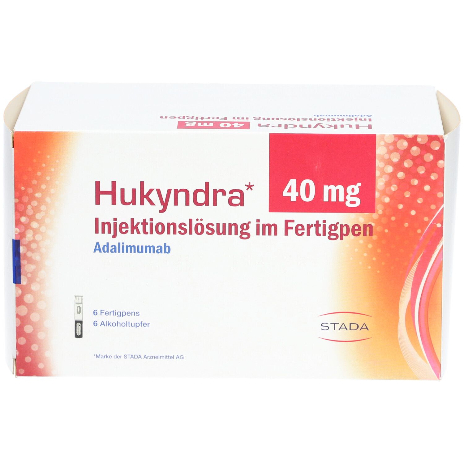 Weißer Karton mit rotem Akzent. Aufschrift: Hukyndra 40 mg Injektionslösung im Fertigpen. Enthält 6 Fertigpens und Alkoholtupfer. STADA Logo.