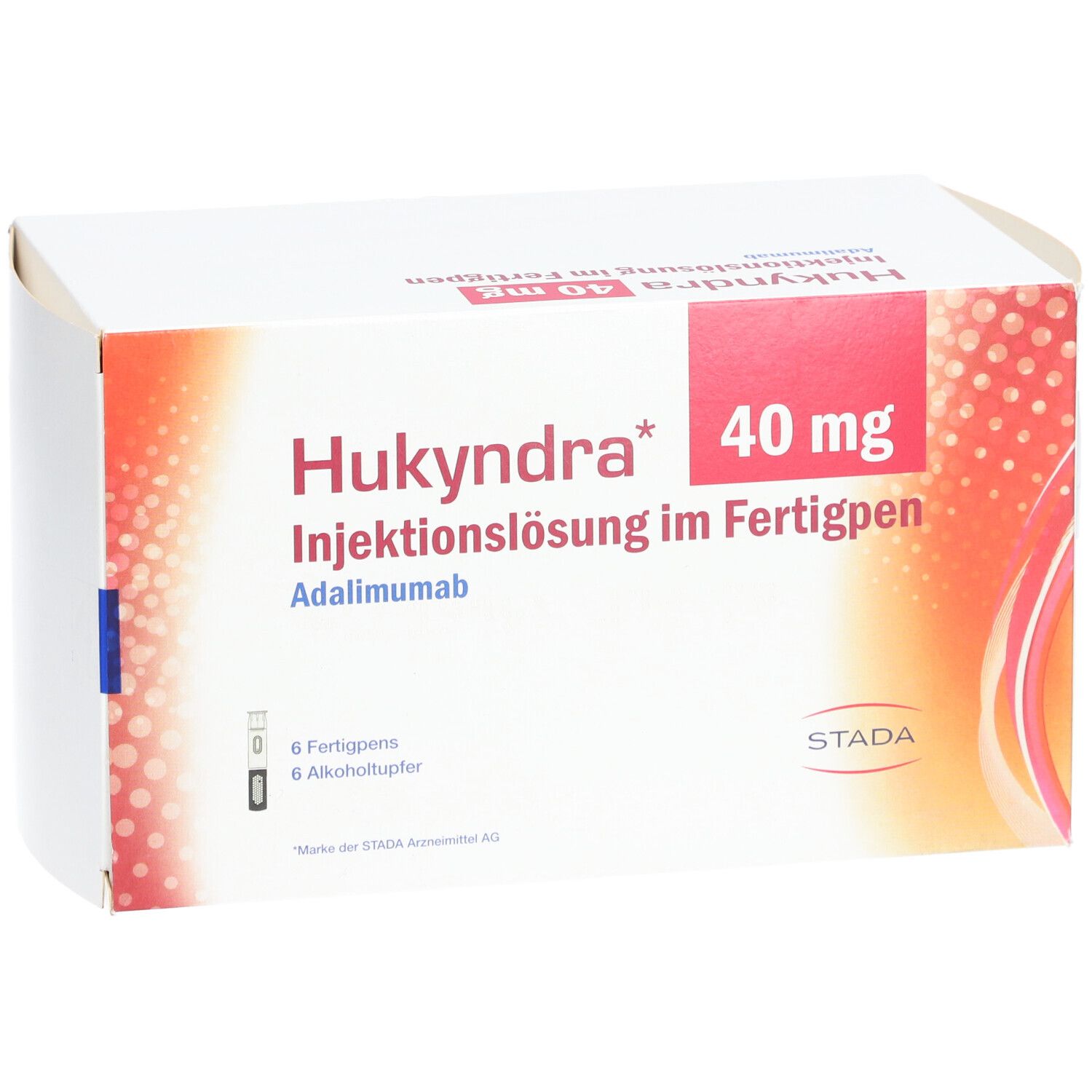 Weißer Karton mit rotem Akzent. Aufschrift: Hukyndra 40 mg Injektionslösung im Fertigpen. Enthält 6 Fertigpens und Alkoholtupfer. STADA Logo.