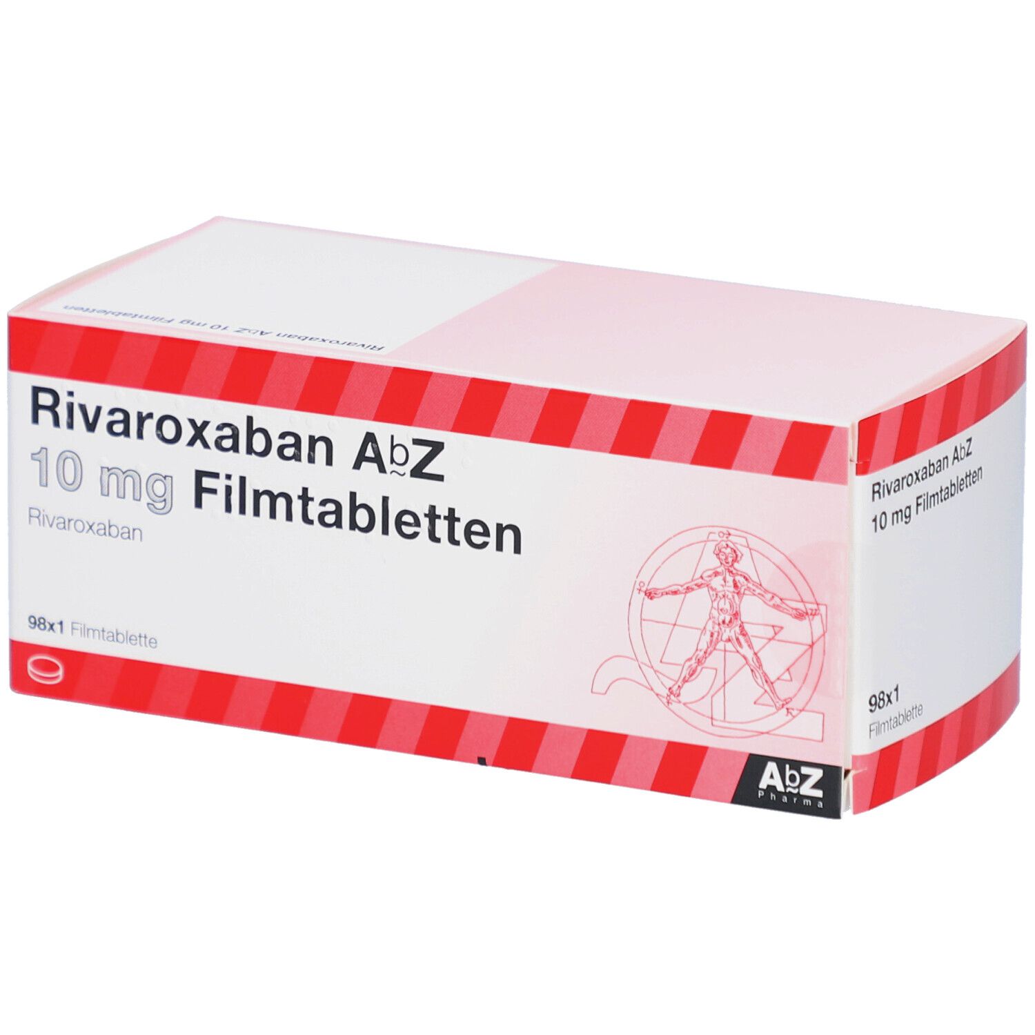 Schachtel mit RIVAROXABAN AbZ 10 mg Filmtabletten. Rote und weiße Verpackung. Aufschrift: 98x1 Filmtablette.