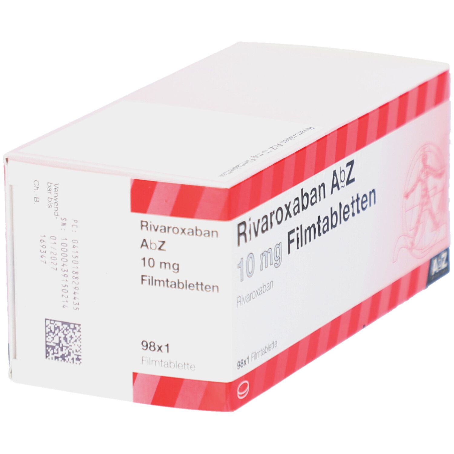 Schachtel mit RIVAROXABAN AbZ 10 mg Filmtabletten. Weiße Verpackung mit rotem Streifen. Aufschrift: 98x1 Filmtablette.