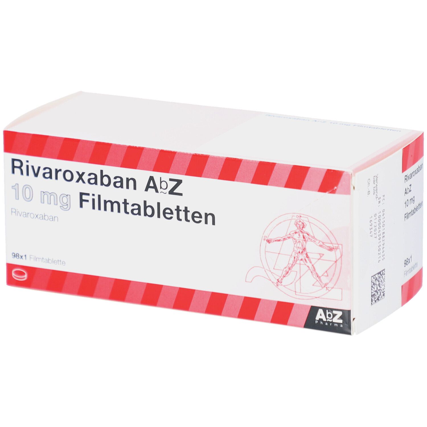 Schachtel mit RIVAROXABAN AbZ 10 mg Filmtabletten. Rote und weiße Verpackung. Aufschrift: 98x1 Filmtablette.