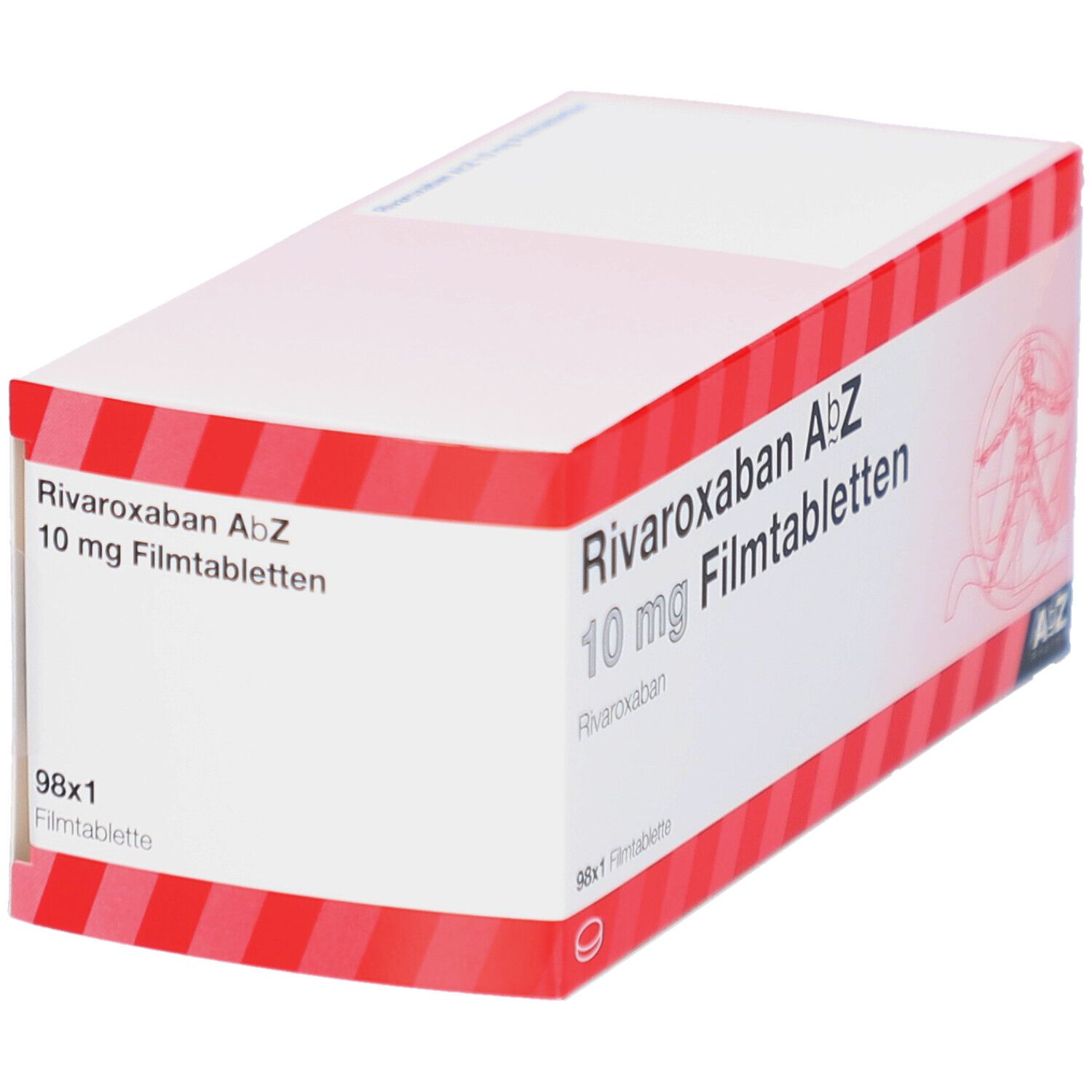 Schachtel mit RIVAROXABAN AbZ 10 mg Filmtabletten. Weiße Verpackung mit rotem Streifen. Aufschrift: 98x1 Filmtablette.