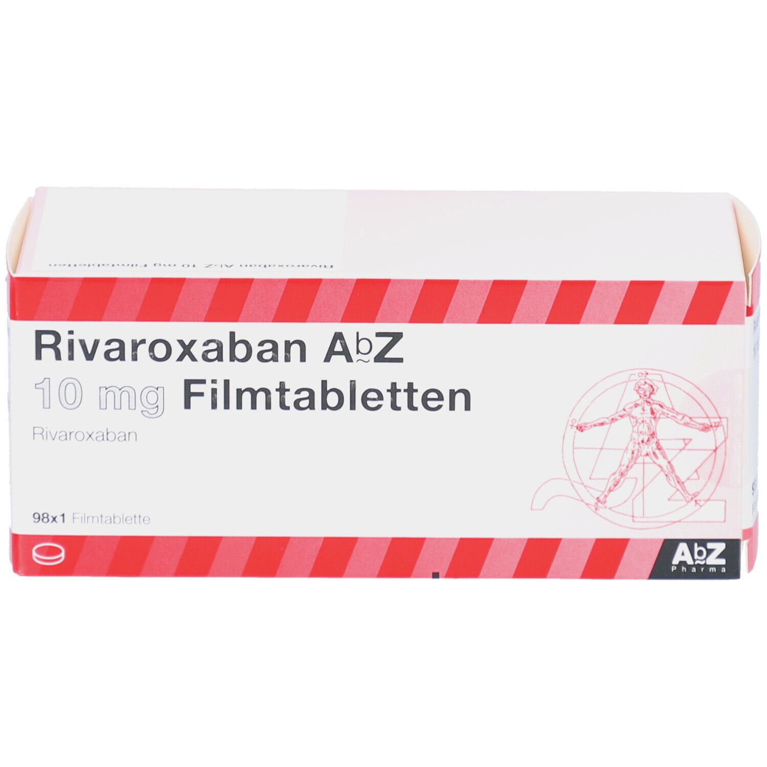 Schachtel mit RIVAROXABAN AbZ 10 mg Filmtabletten. Rote und weiße Verpackung. Aufschrift: 98x1 Filmtablette.