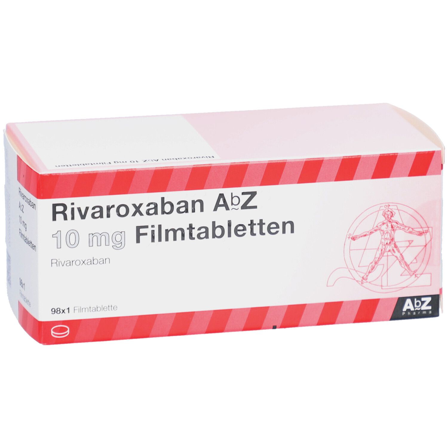 Schachtel mit RIVAROXABAN AbZ 10 mg Filmtabletten. Rote und weiße Verpackung. Aufschrift: 98x1 Filmtablette.