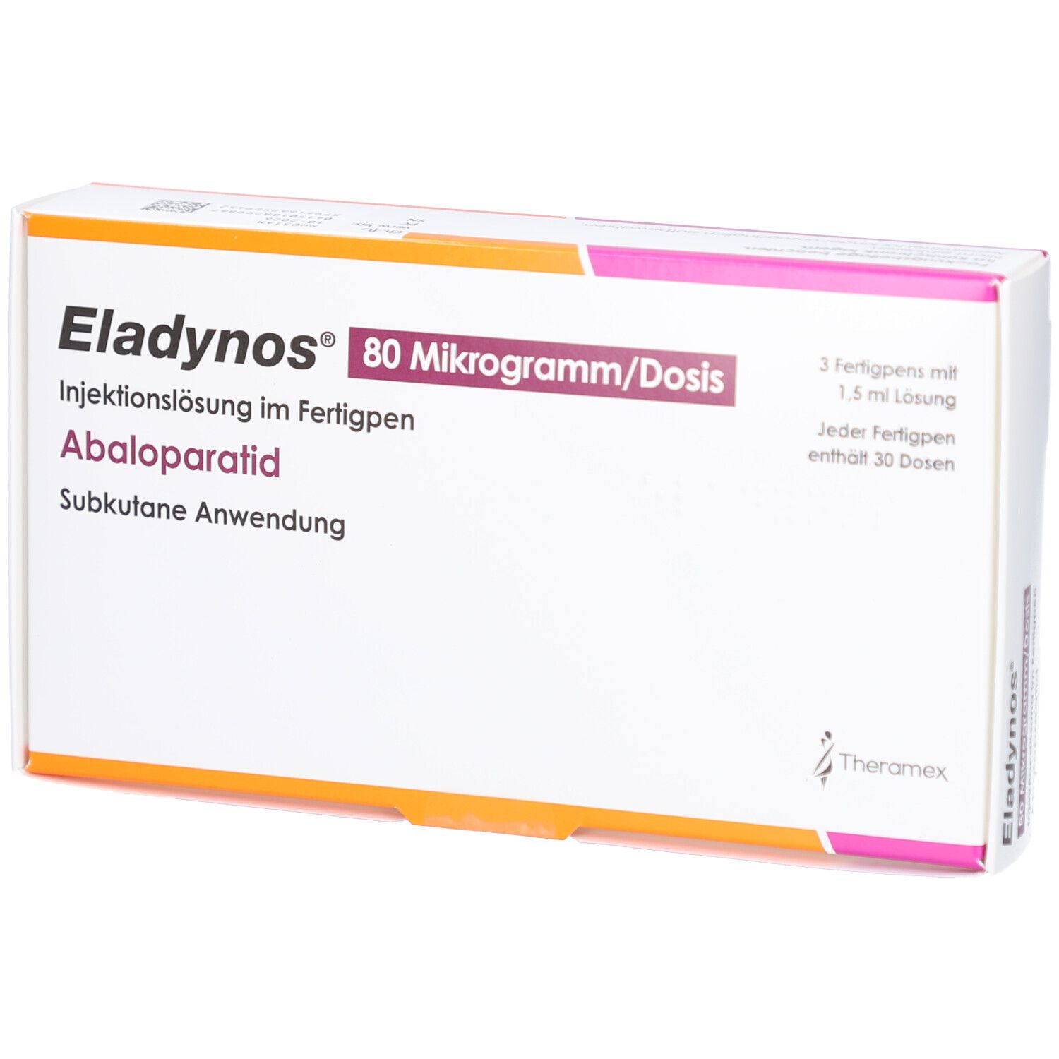 Karton von Eladynos 80 Mikrogramm/Dosis. Enthält Injektionslösung im Fertigpen. Abaloparatid. Subkutane Anwendung.