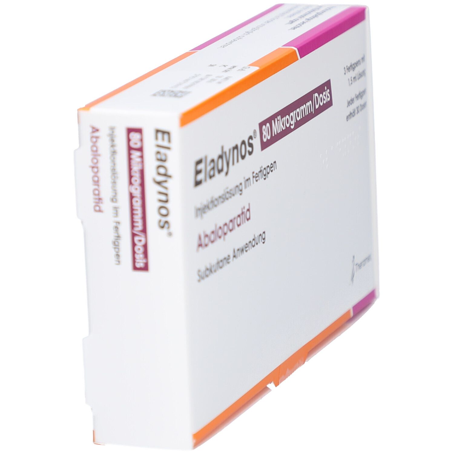 Schräg gestellte Verpackung von Eladynos 80 Mikrogramm/Dosis. Injektionslösung im Fertigpen. Abaloparatid. Subkutane Anwendung.