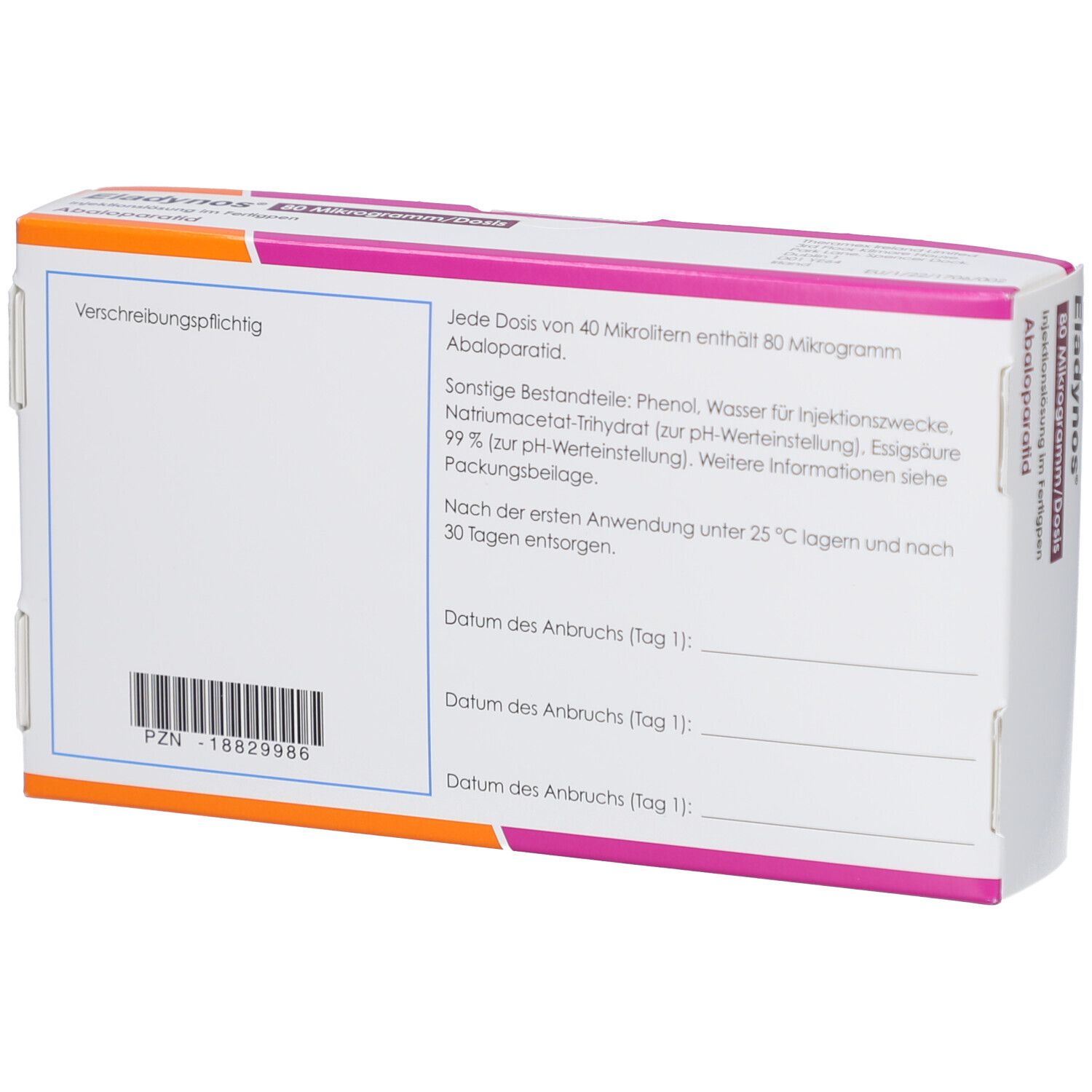 Rückseite der Eladynos 80 Mikrogramm/Dosis Verpackung. Enthält Informationen zu Inhaltsstoffen und Anwendungshinweisen.