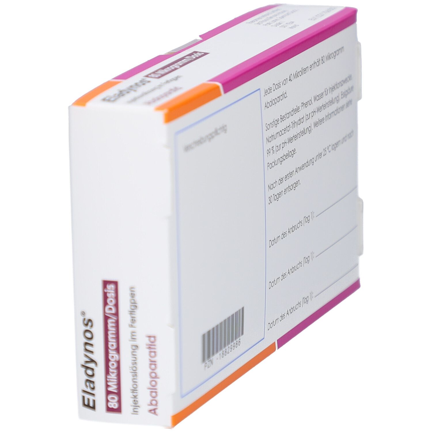 Schräg gestellte Verpackung von Eladynos 80 Mikrogramm/Dosis. Rückseite mit Informationen und Barcode.