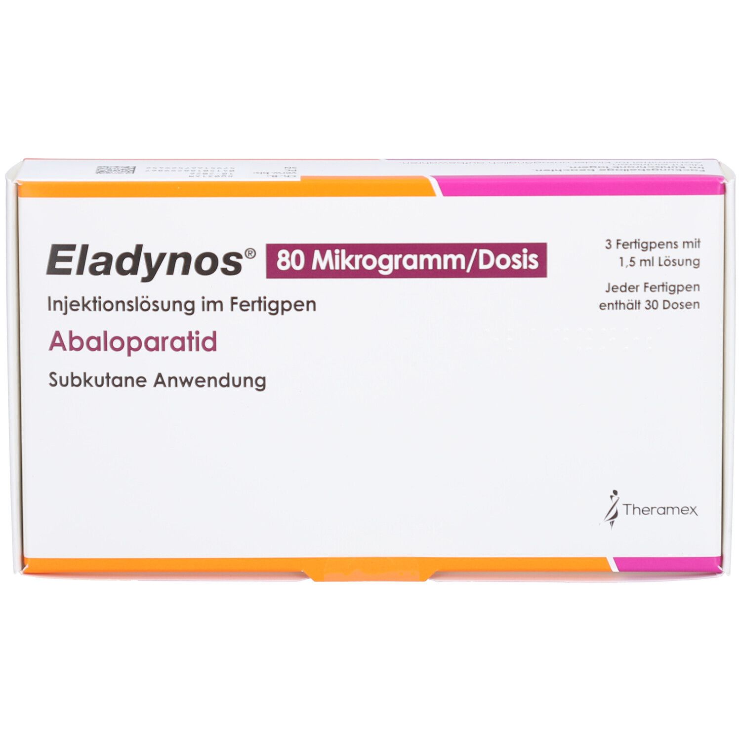 Karton von Eladynos 80 Mikrogramm/Dosis. Injektionslösung im Fertigpen. Abaloparatid. Subkutane Anwendung. 3 Fertigpens.