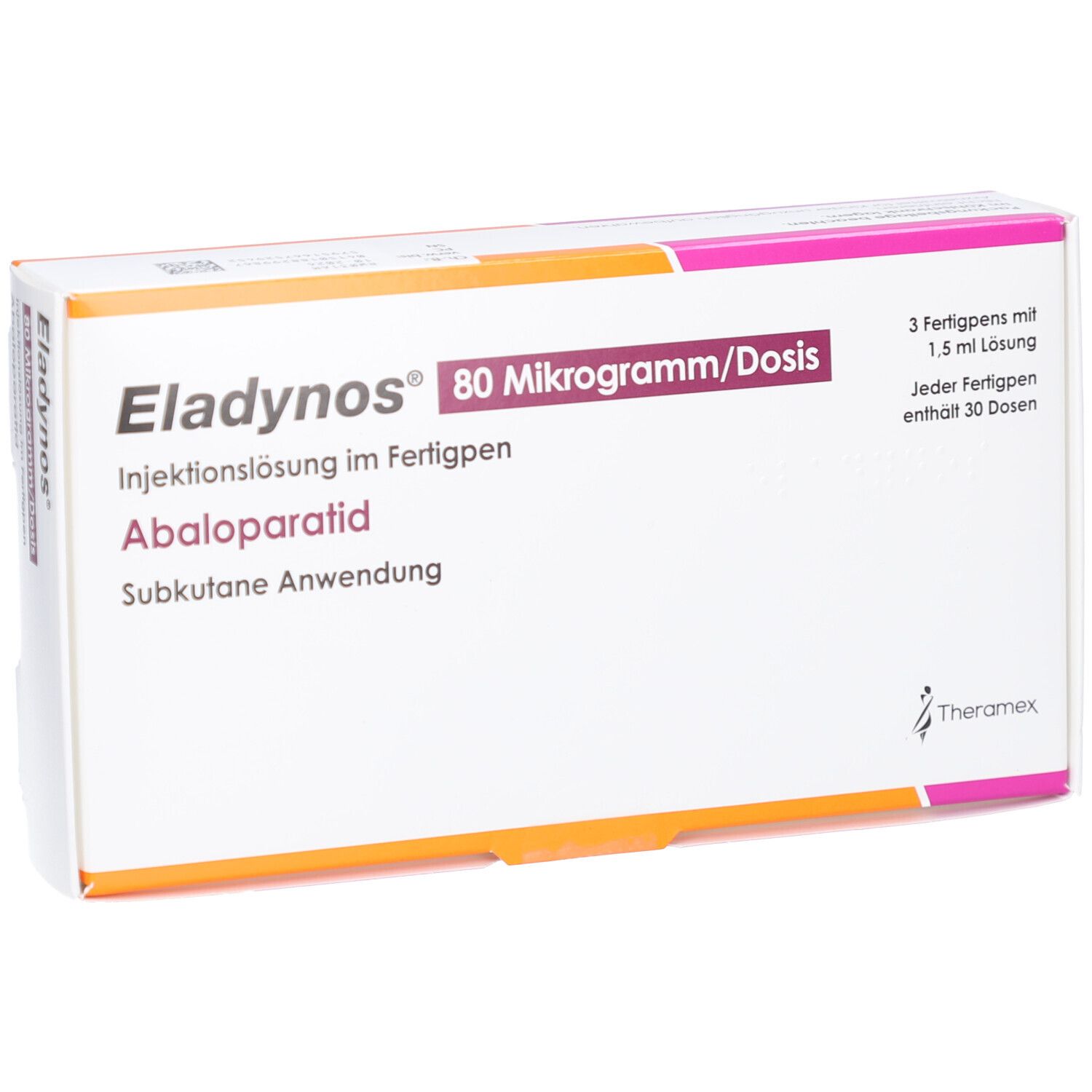 Karton von Eladynos 80 Mikrogramm/Dosis. Injektionslösung im Fertigpen. Abaloparatid. Subkutane Anwendung. 3 Fertigpens.