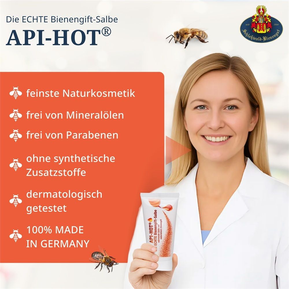 Frau mit Tube Bienengift-Salbe, mit Liste von Produkteigenschaften.