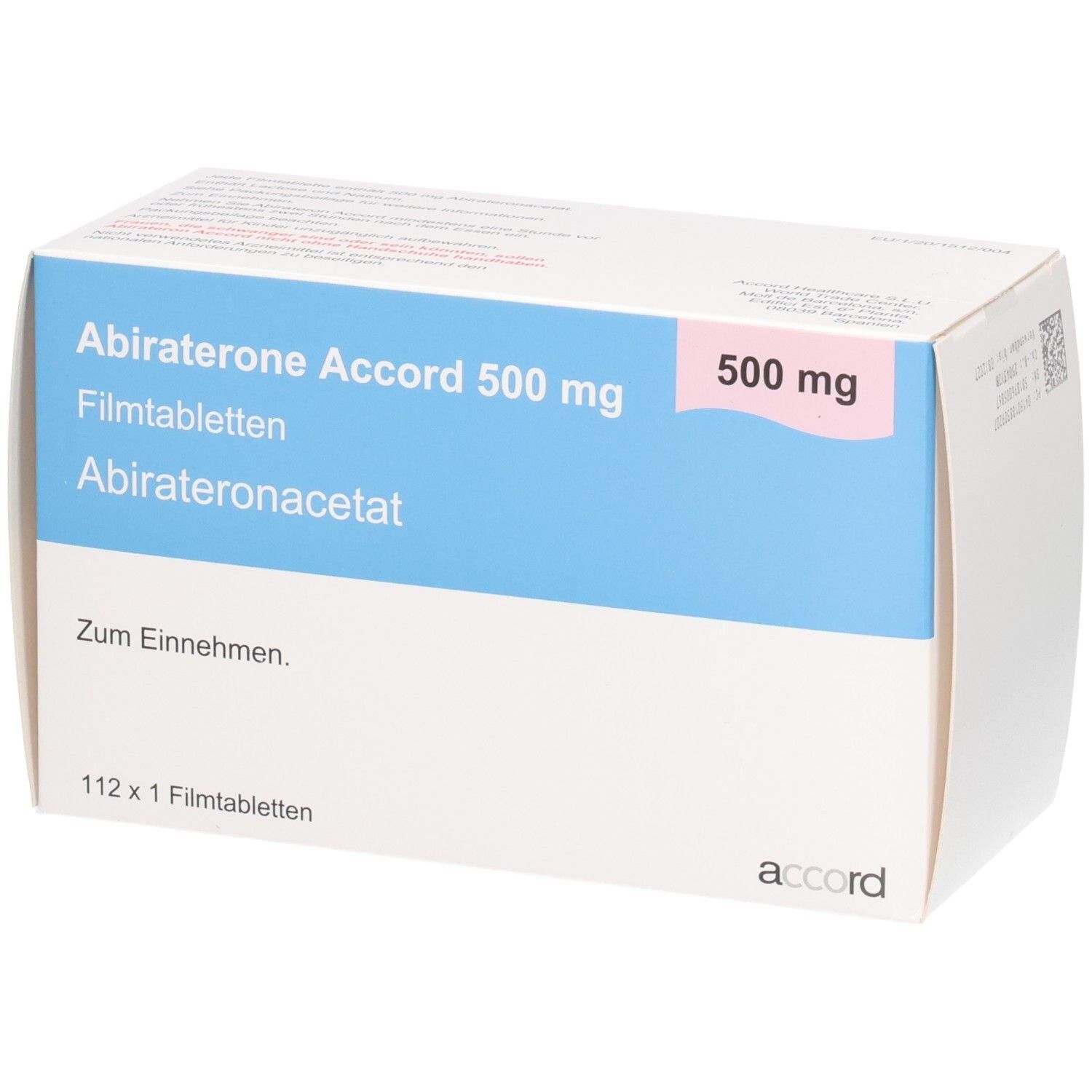 Abiraterone Accord 500 mg Filmtabletten Verpackung. Enthält 112 Filmtabletten.