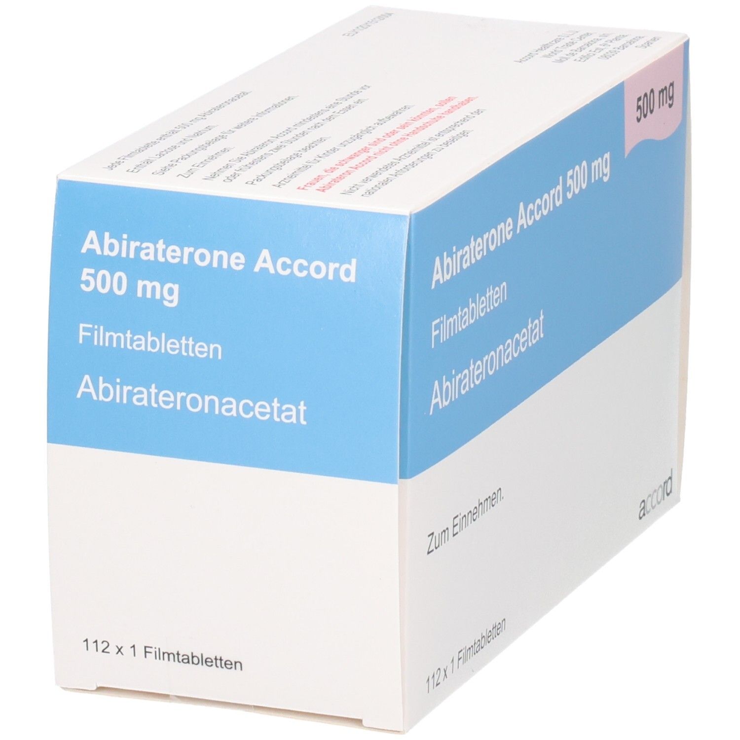 Abiraterone Accord 500 mg Filmtabletten Verpackung, schräg von vorne.