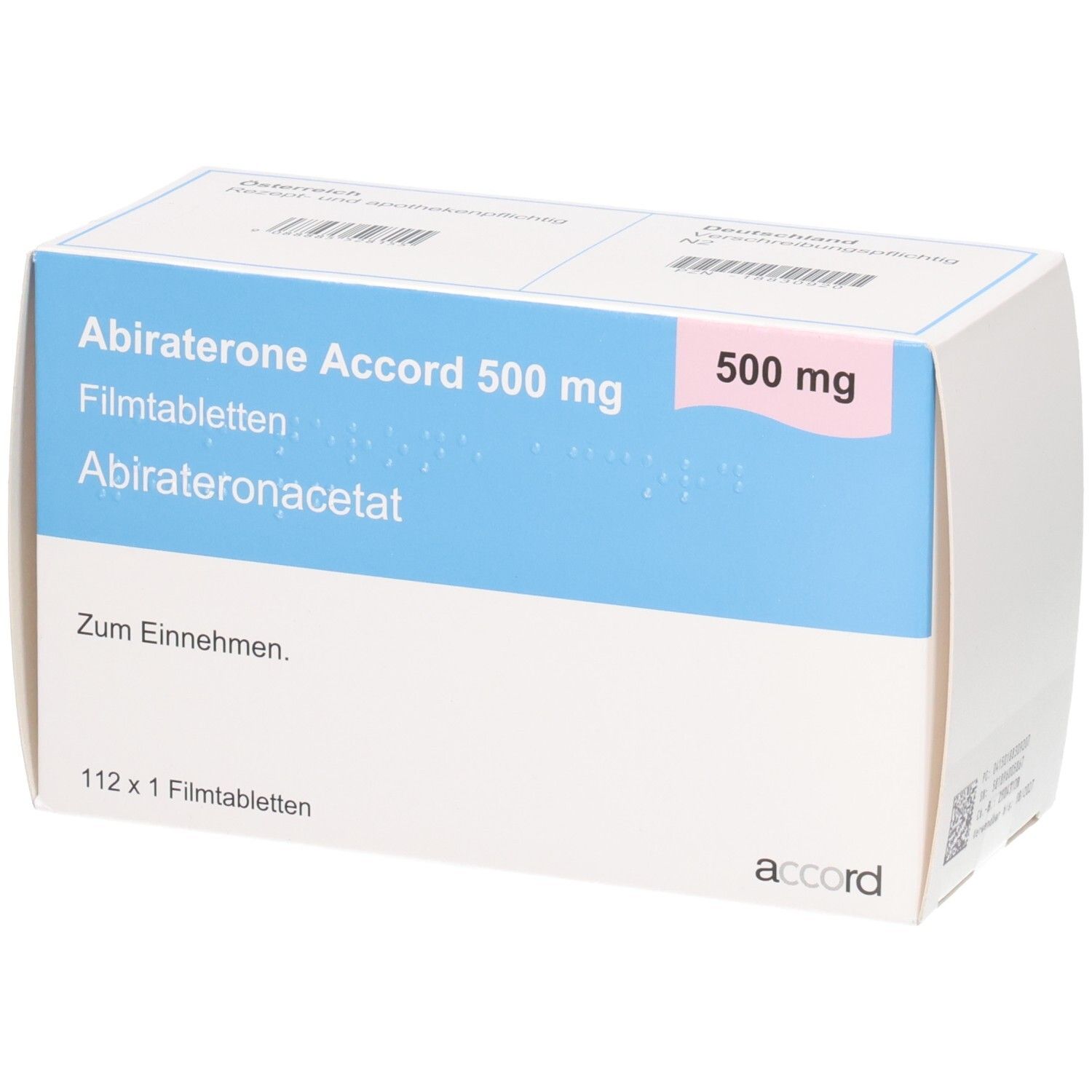 Abiraterone Accord 500 mg Filmtabletten Verpackung. Vorderseite mit Dosierungsangabe.