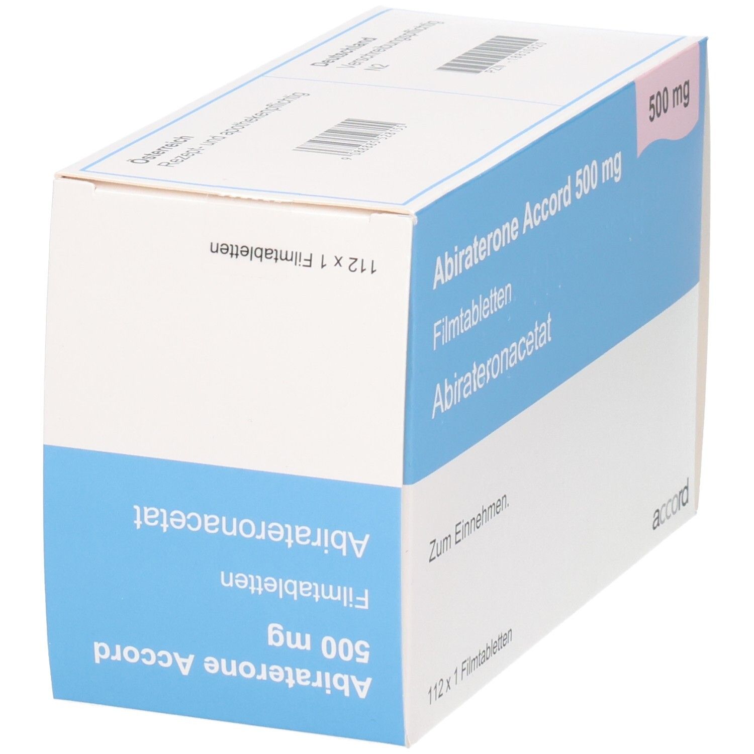 Abiraterone Accord 500 mg Filmtabletten Verpackung, von der Seite.