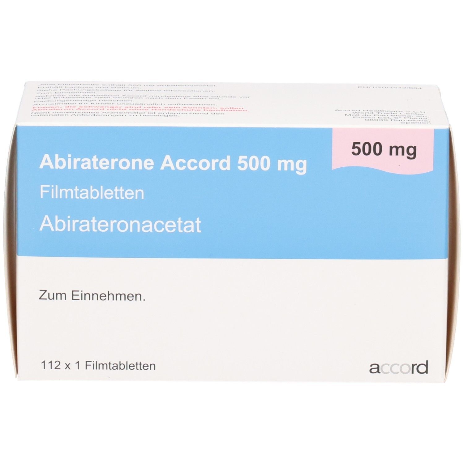 Abiraterone Accord 500 mg Filmtabletten Verpackung. Vorderseite mit Produktinformationen.