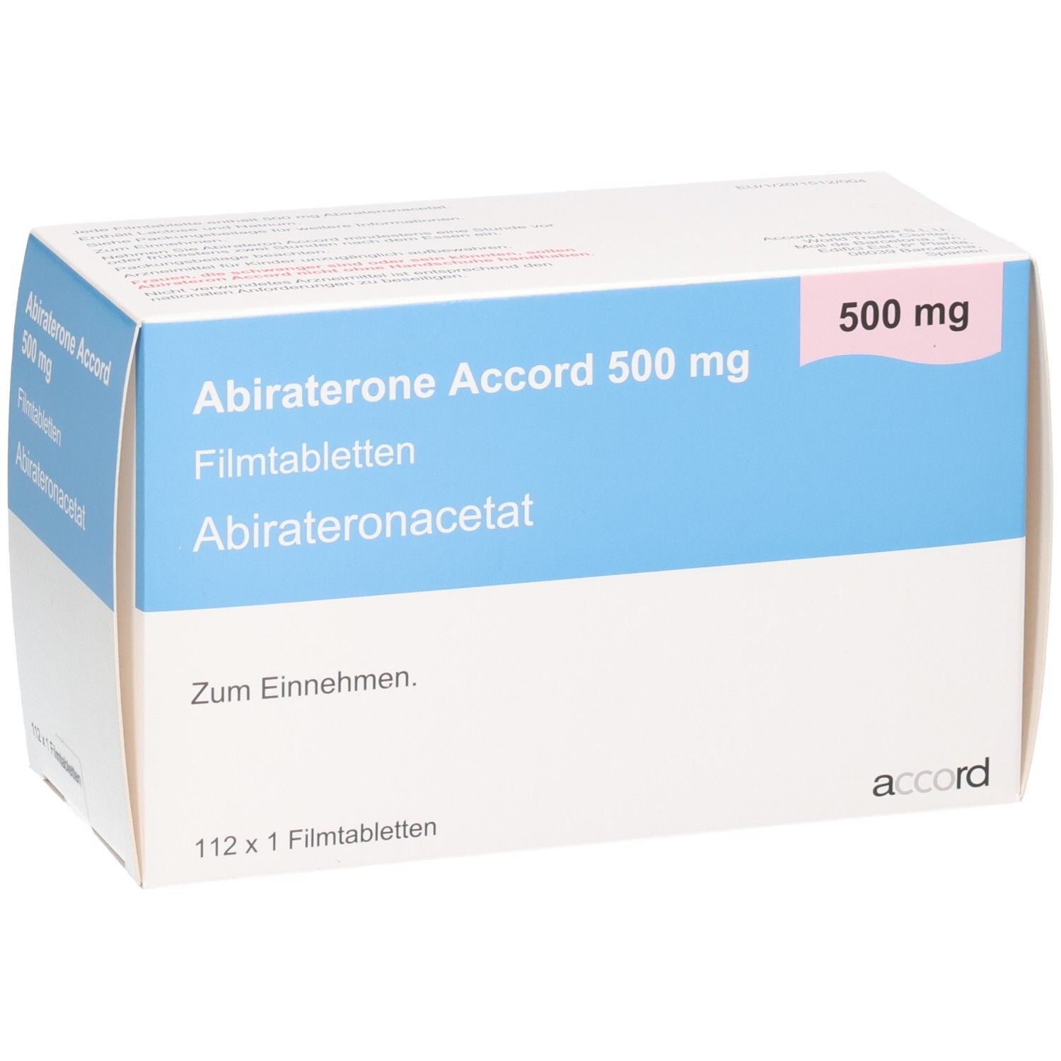 Abiraterone Accord 500 mg Filmtabletten Verpackung, leicht schräg.