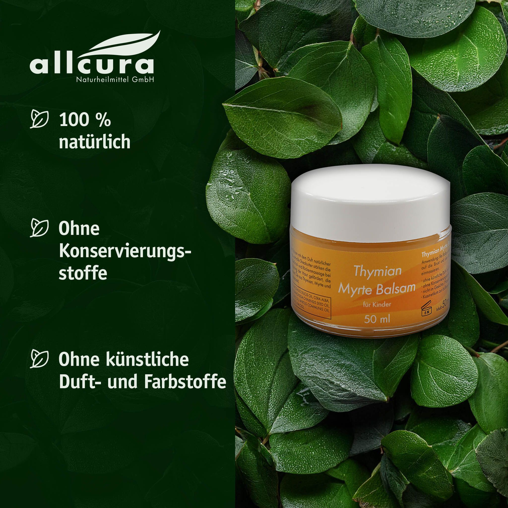Glasbehälter mit weißem Deckel. Aufschrift: Thymian Myrte Balsam für Kinder. 50 ml. Umgeben von grünen Blättern. Logo: allcura.