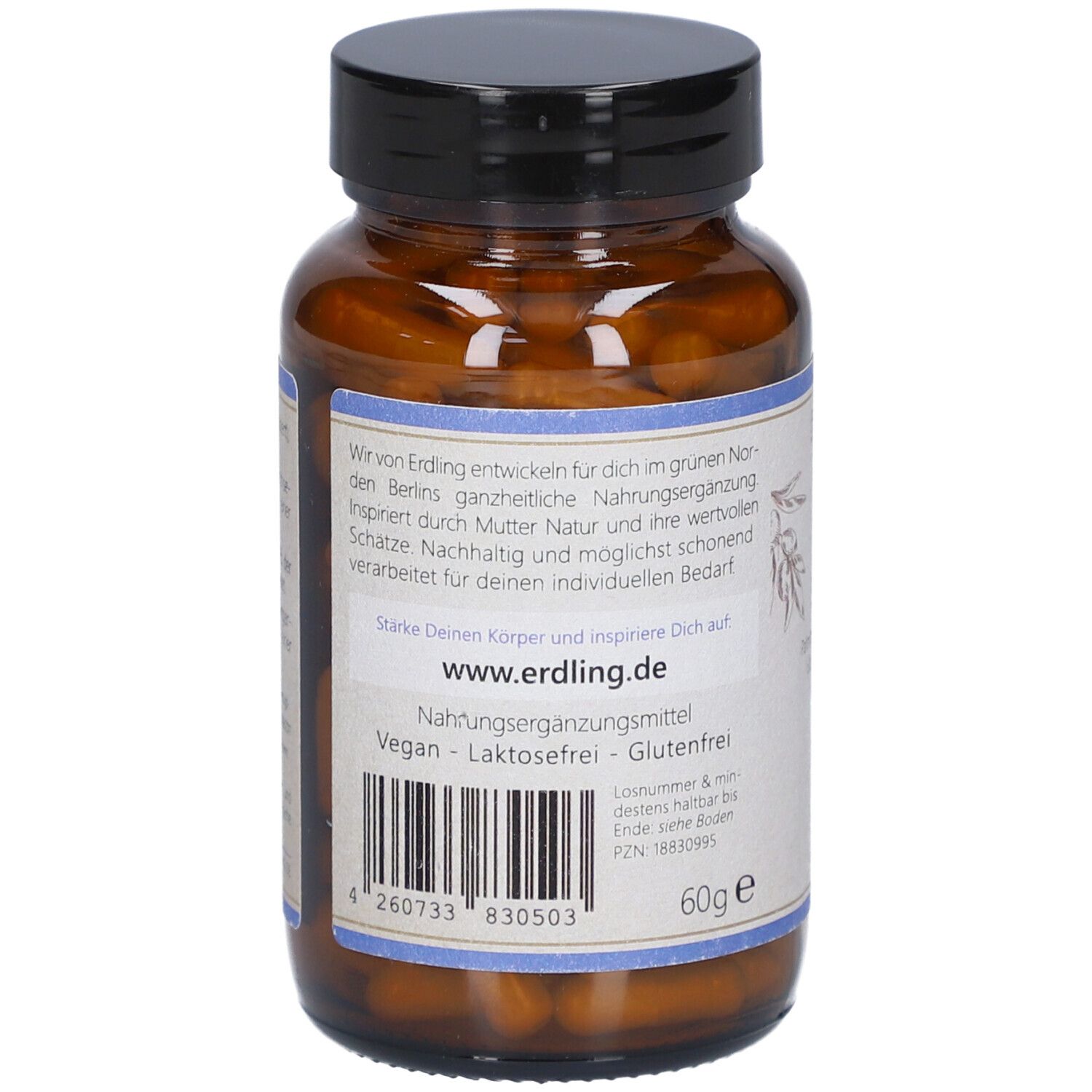 Rückseite einer braunen Glasflasche mit schwarzem Deckel. Etikett mit Text, Barcode und Marke Erdling. 60g.