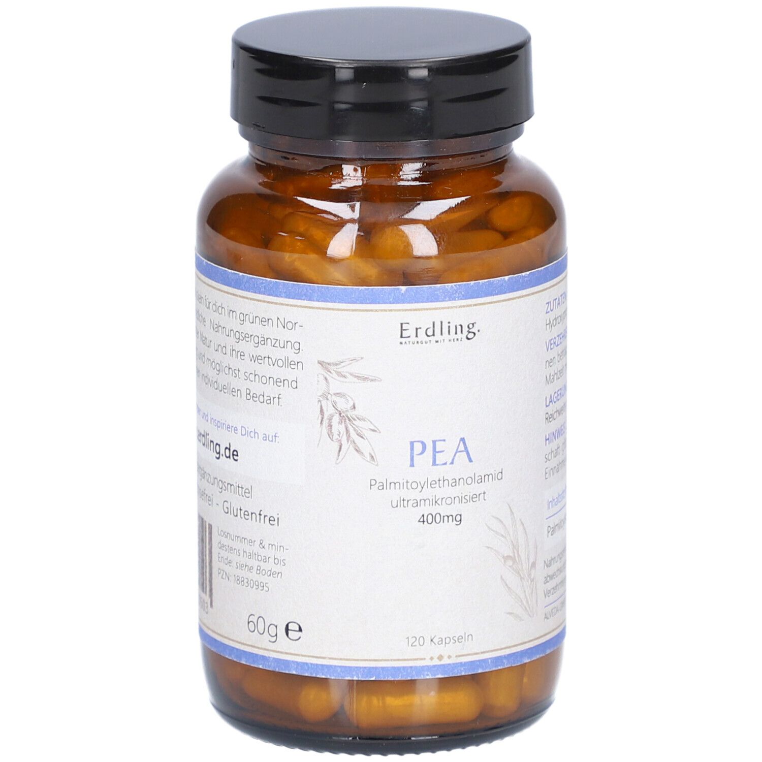 Braune Glasflasche mit schwarzem Deckel. Etikett mit Produktnamen PEA, 400mg und 120 Kapseln. Marke: Erdling.