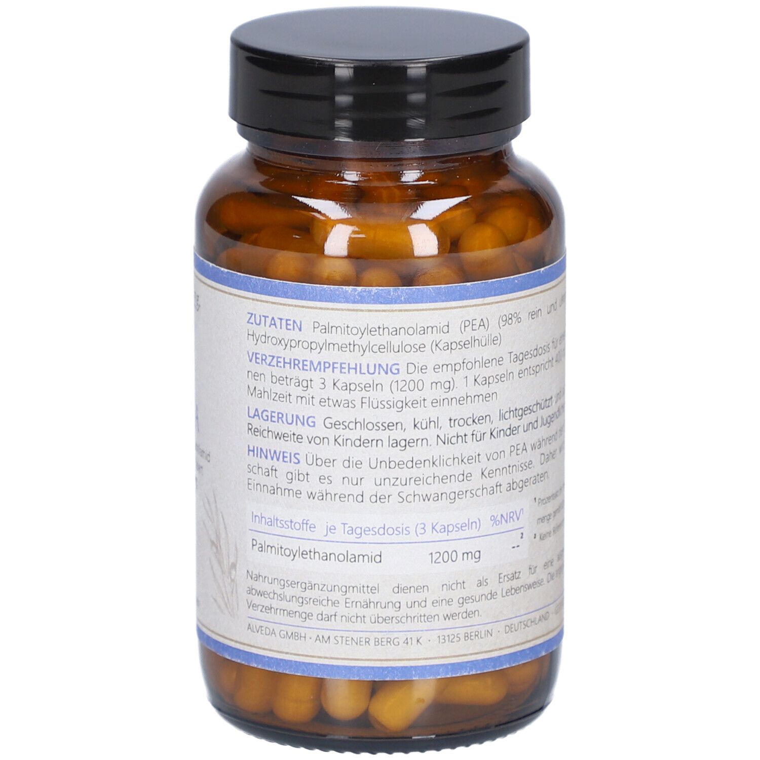 Rückseite einer braunen Glasflasche mit schwarzem Deckel. Etikett mit Inhaltsstoffen und Marke Erdling. 1200mg.