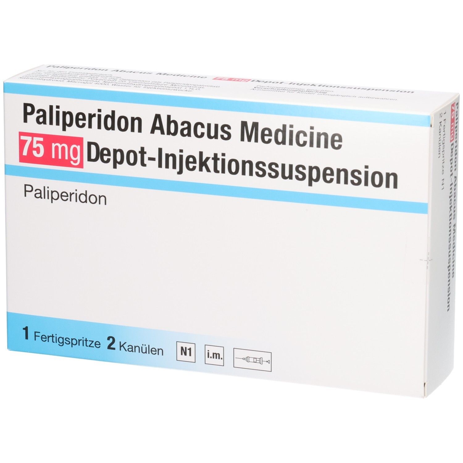 Verpackung Palipéridon Abacus Medicine 75 mg Depot-Injektionssuspension, 1 Fertigspritze, 2 Kanülen.
