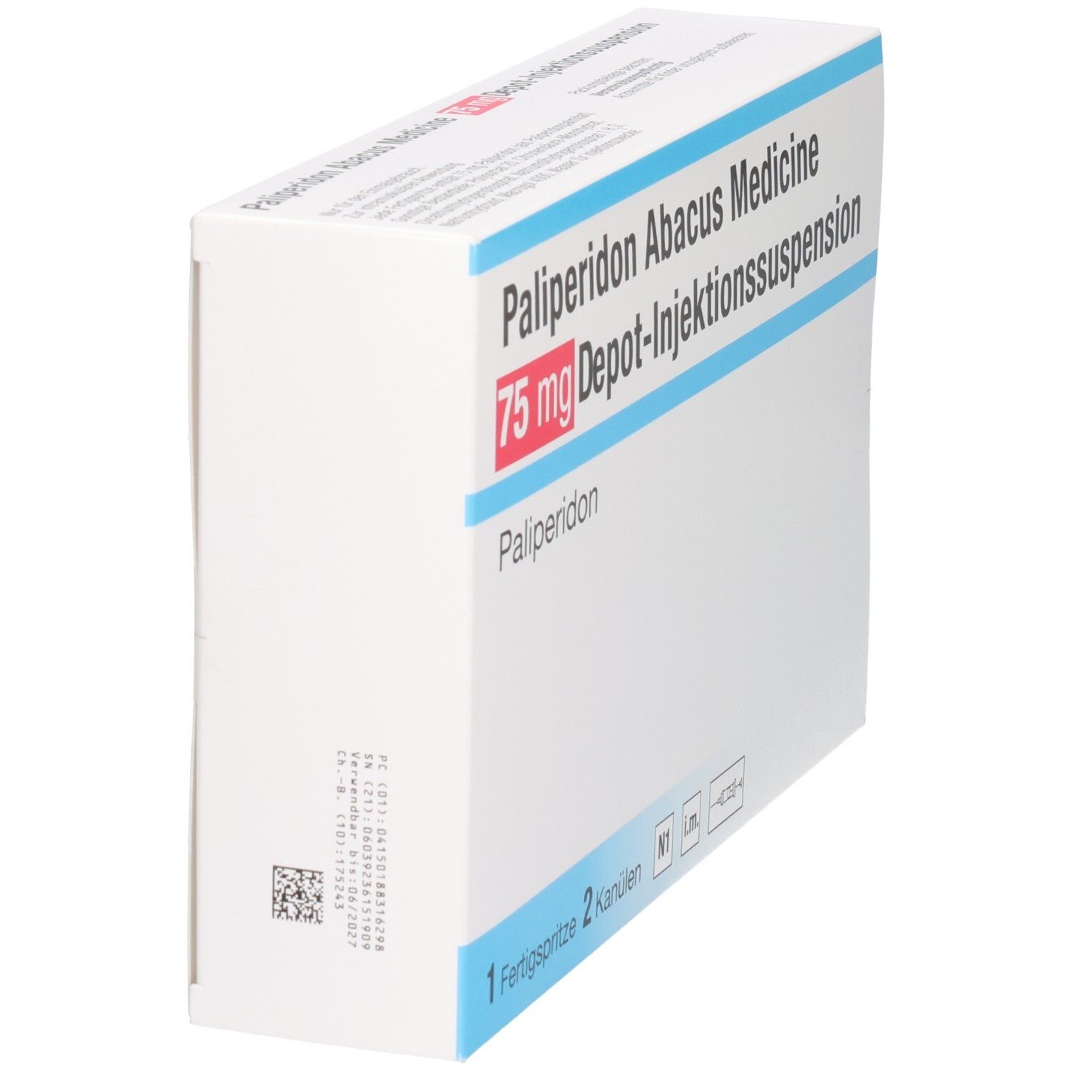 Seitenansicht der Verpackung Palipéridon Abacus Medicine 75 mg Depot-Injektionssuspension.