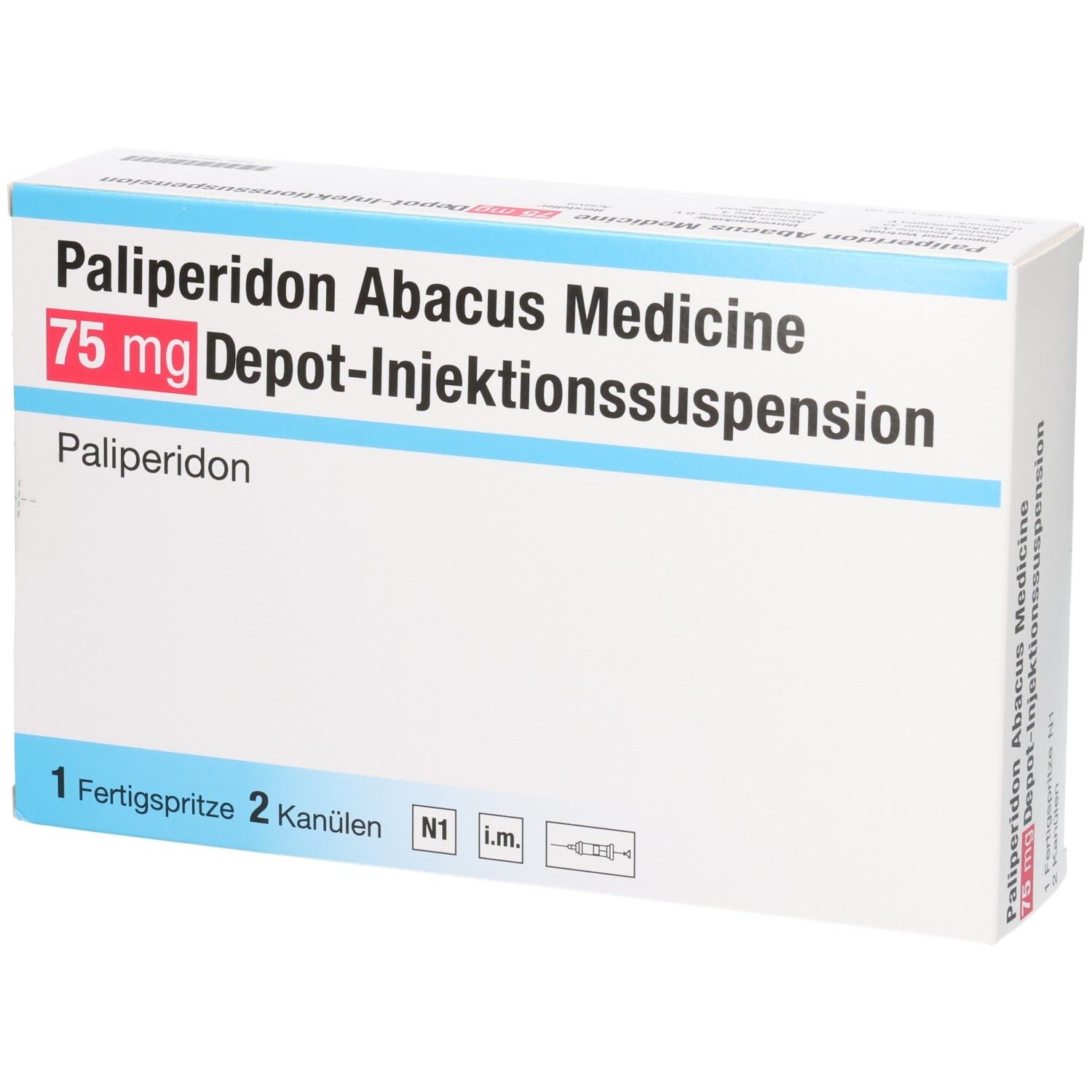 Verpackung Palipéridon Abacus Medicine 75 mg Depot-Injektionssuspension, 1 Fertigspritze, 2 Kanülen.